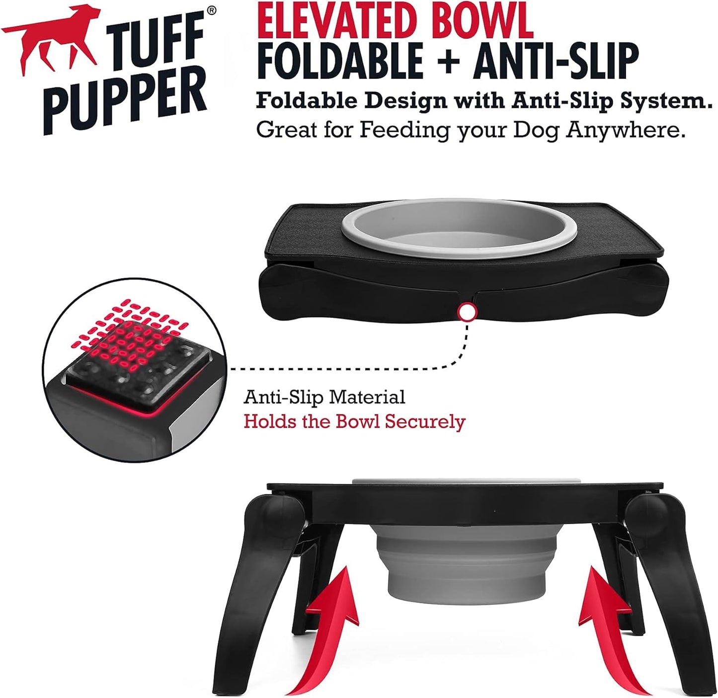 Tuff Pupper Elevated Dog Bowl - Single Raised Collapsible Travel Bowl Holds 80oz/12cups Food/Water