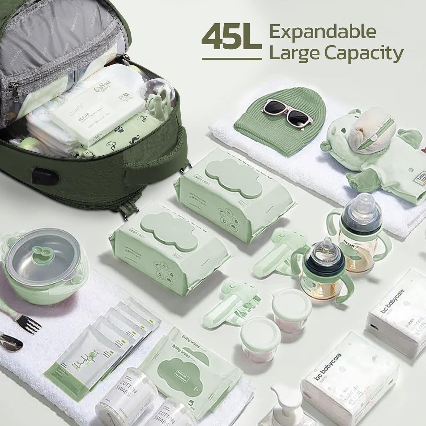 Large Diaper Bag,29L-45L Expandable Diaper Bag Backpack for 2 Kids/Twins Baby Stuff, with Removable Cross Body Bottle Bag for Mom/Dad,Stylish Baby Bag Gift for Boys/Girl-Army Green