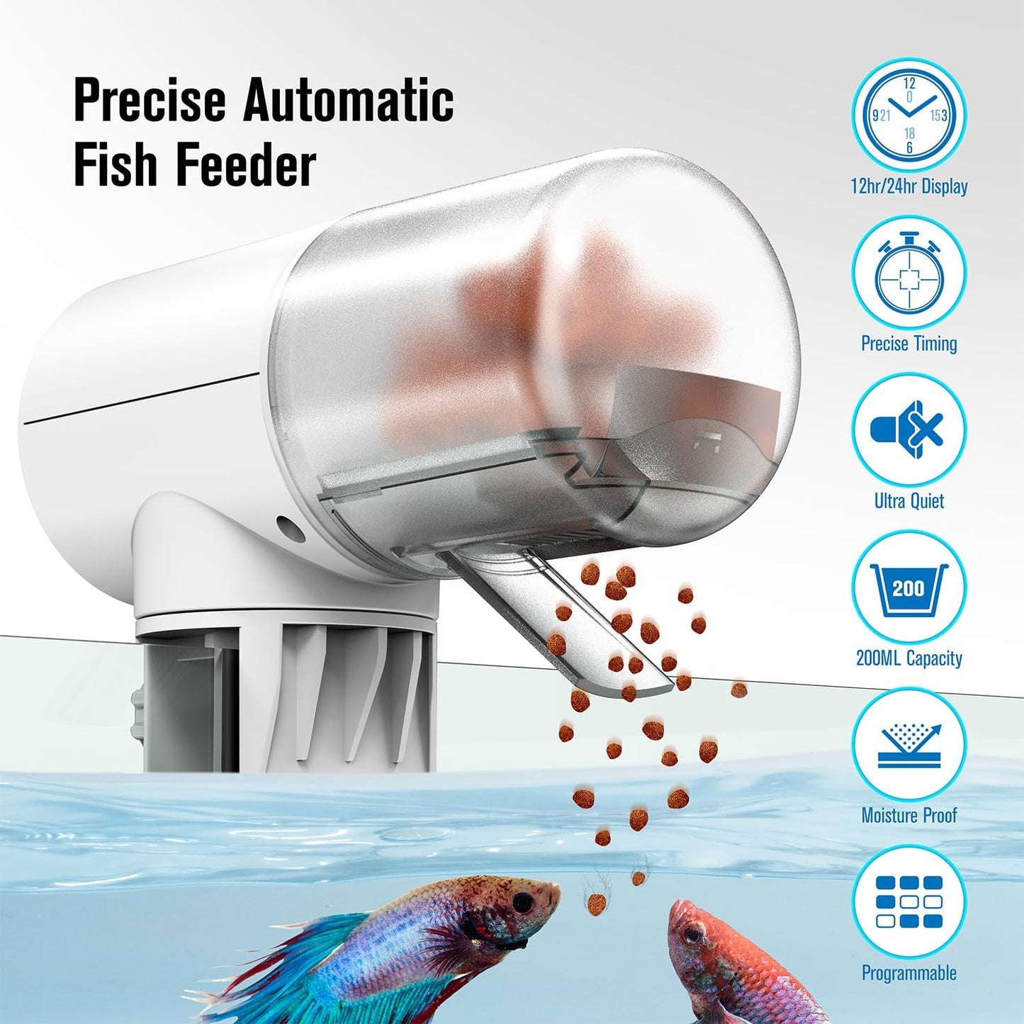 Automatic Fish Feeder Dispenser for Aquarium, 200ml Large Capacity Auto Turtle Fish Feeder for Small Tank, Battery Powered Food Feeding Timer for 7, 14 Day Weekend Vacation, Batteries Included