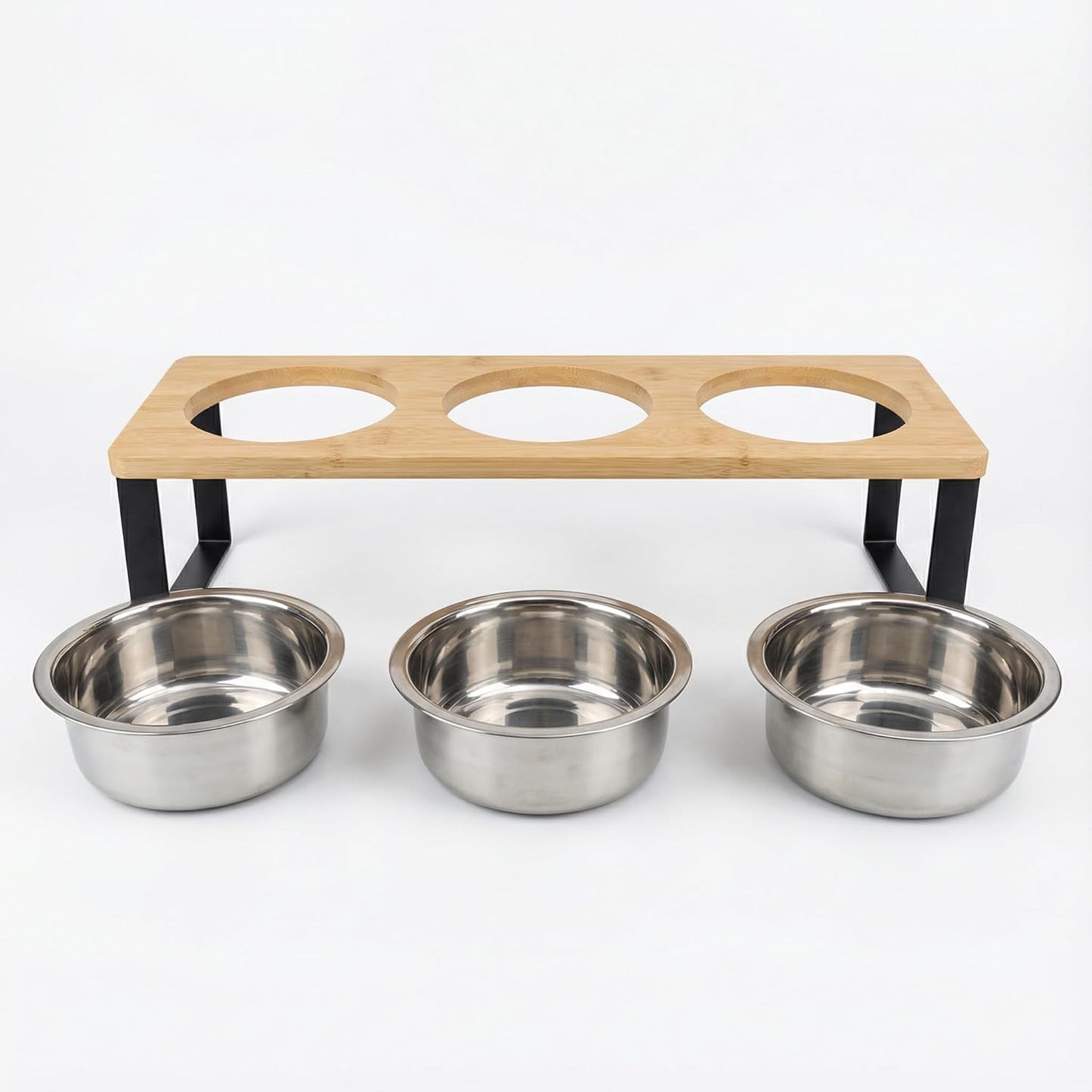 Tilted Raised Cat Bowls with Wooden Stand, Stainless Steel Food & Water Bowl Set for Cats and Kittens, Whisker Friendly, Anti-Spill, Dishwasher Safe, Double & Triple Bowl Options (Triple Bowl)