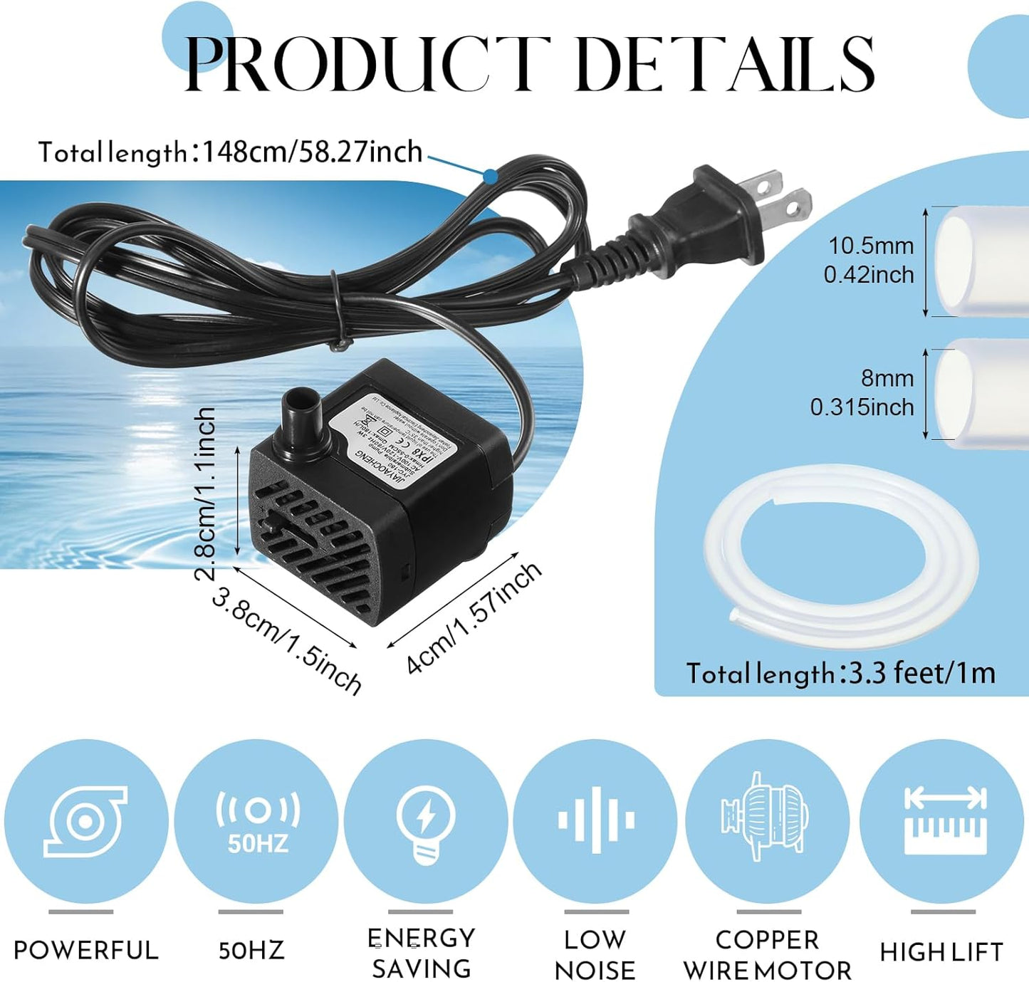 Lounsweer 4 Set 50 GPH 3W Mini Submersible Water Pump Quiet Submersible Fountain Mini Aquarium Pump with 3.3 ft Tube for Fish Tank, Aquariums, Pond, Pets Fountain Hydroponics