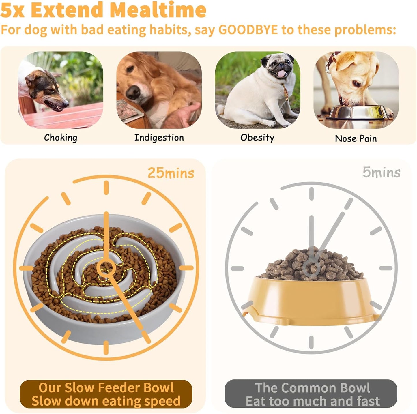 Elevated Slow Feeder Dog Bowl - Puzzle Maze Dish with Bamboo Stand - Raised Ceramic Food Bowl for Medium and Large Dogs - Grey - 8.8 inch
