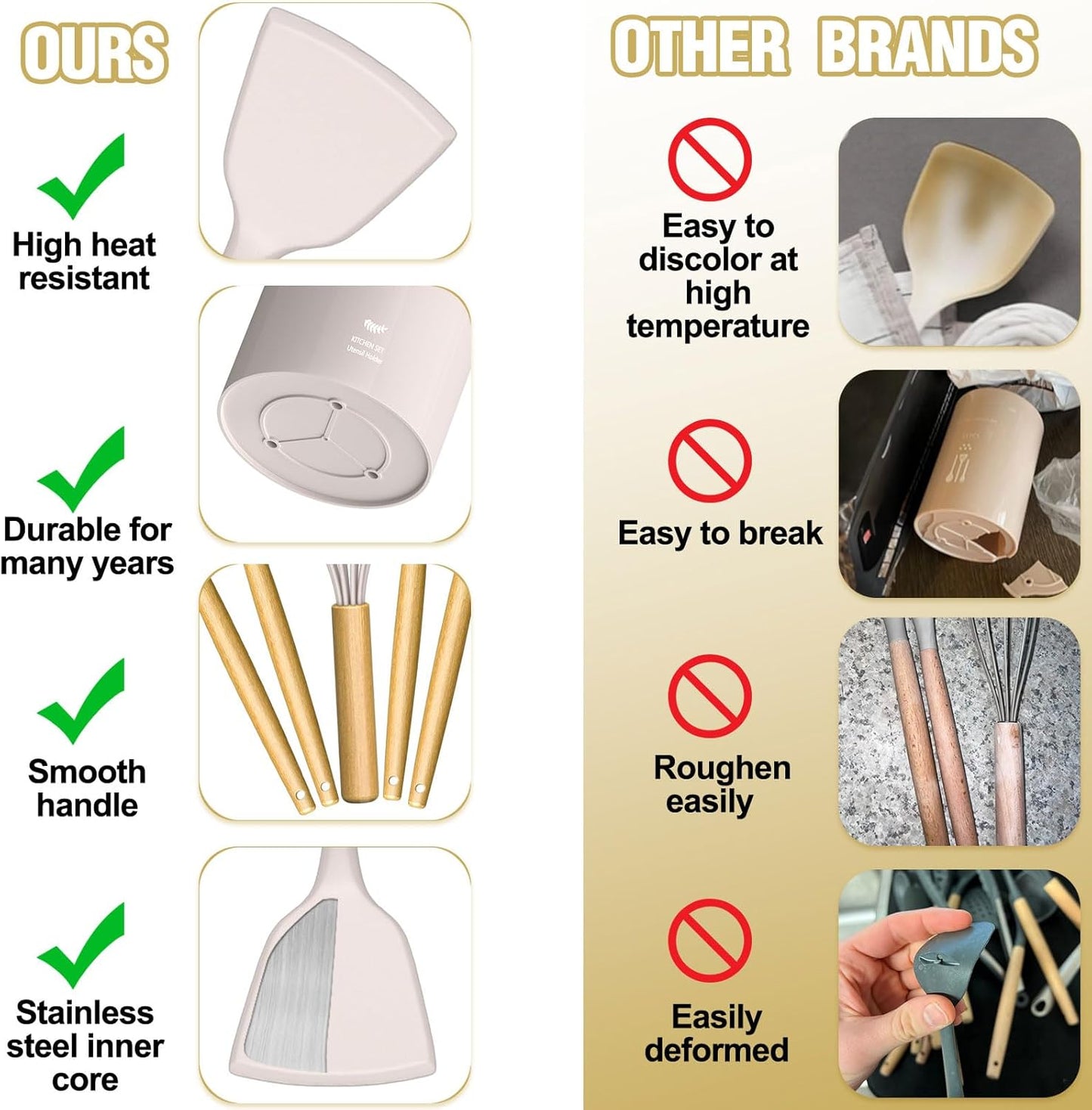 Thickened Silicone Cooking Utensils Set- Umite Chef Khaki Kitchen Utensils Set, 34PCS Heat Resistant Kitchen Gadgets Tools Set with Grater, BPA-Free Kitchen Spatula Set for Nonstick Cookware