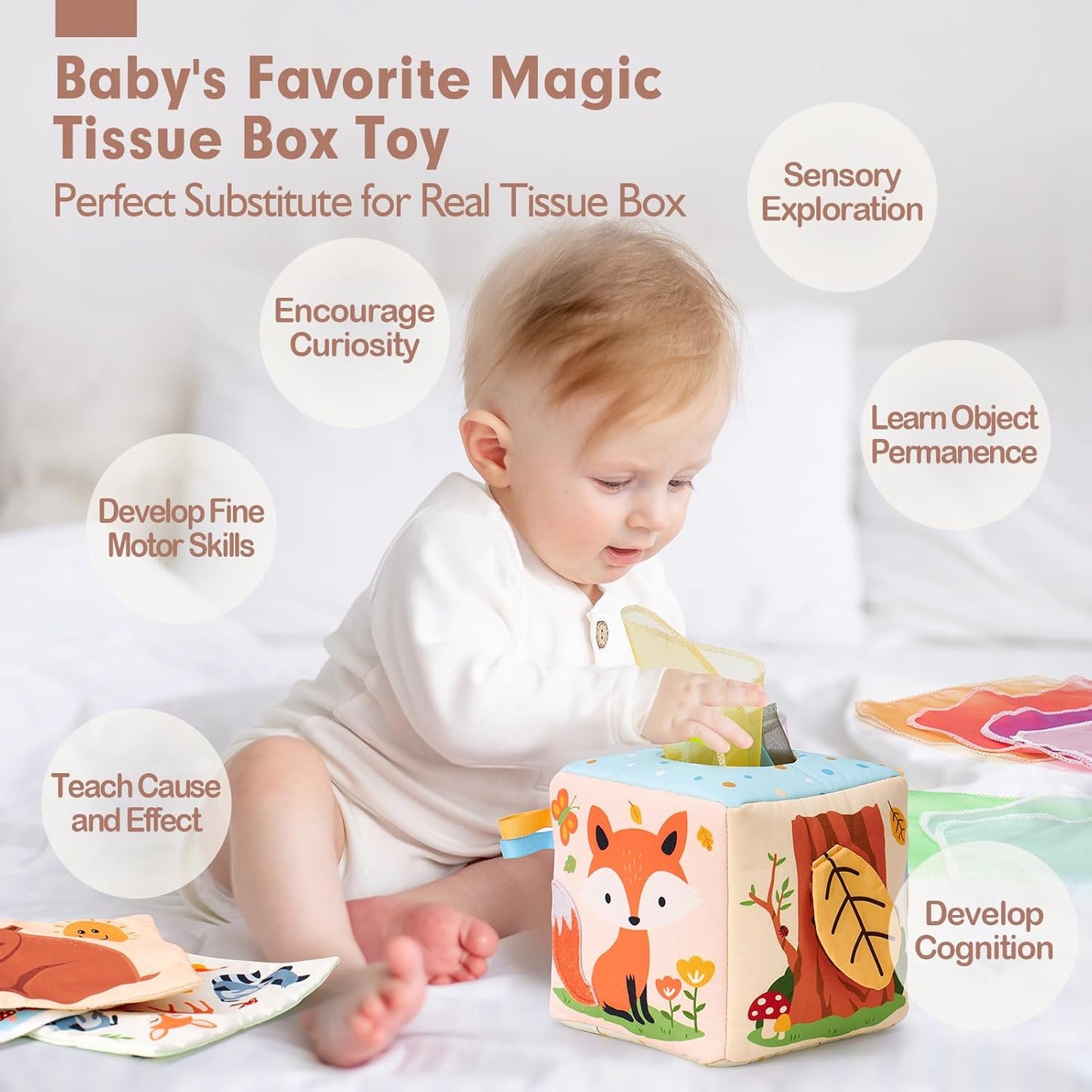 hahaland Baby Tissue Box Toy - Baby Toys 6-12 Months Montessori Toys for 6 Month Old Must Haves - Babies Boy Girl Gifts Baby Easter Basket Stuffers 6 9 12 18 Months Old Sensory Pulling Play Scarf Toy