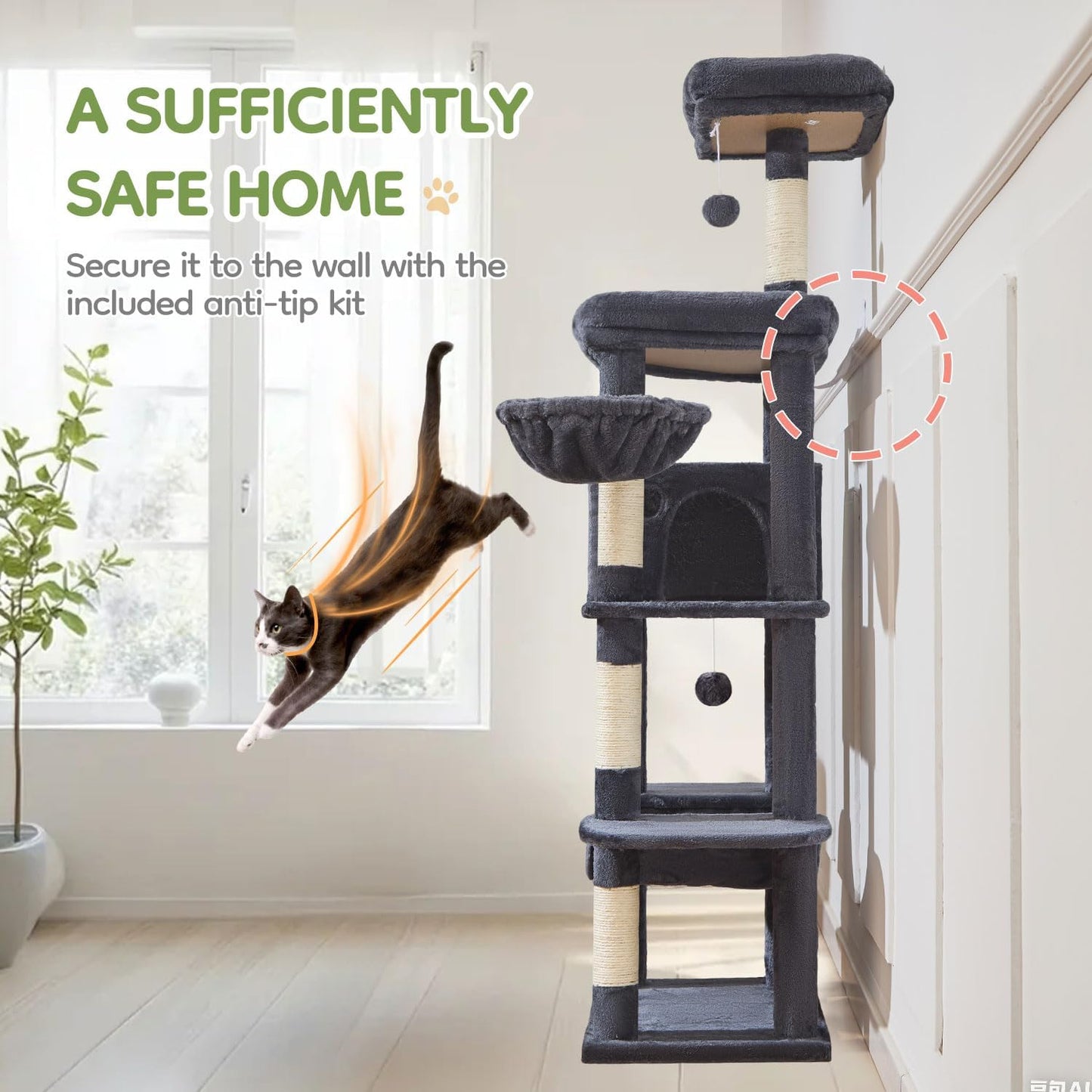 Taoqimiao MS042G Cat Tree,66-inch Large Cat Tower with Scratching Posts, Luxurious Large Platform for Big Cats with Soft Hammock, Adjustable Basket, Deluxe Cat Cando, Top Perch Smoke Gray