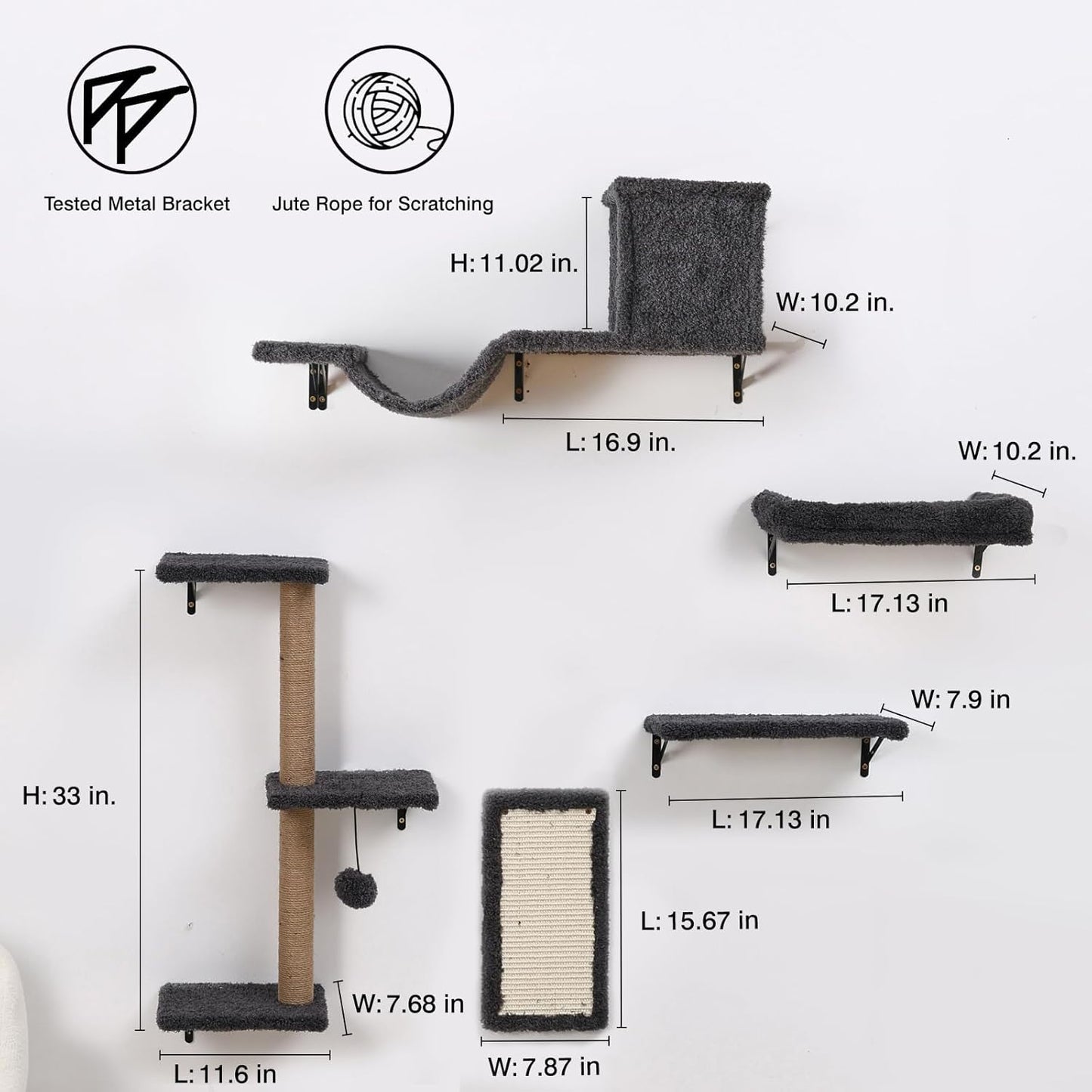 5-in-1 Cat Wall Shelves for Indoor Cats, Wall Mounted Cat Furniture with Bed, Cave, Scratching Post & Perch, Multi-Level Cat Climbing Wall, Space Saving Floating Cat Shelves (Natural Wood Darkgrey)