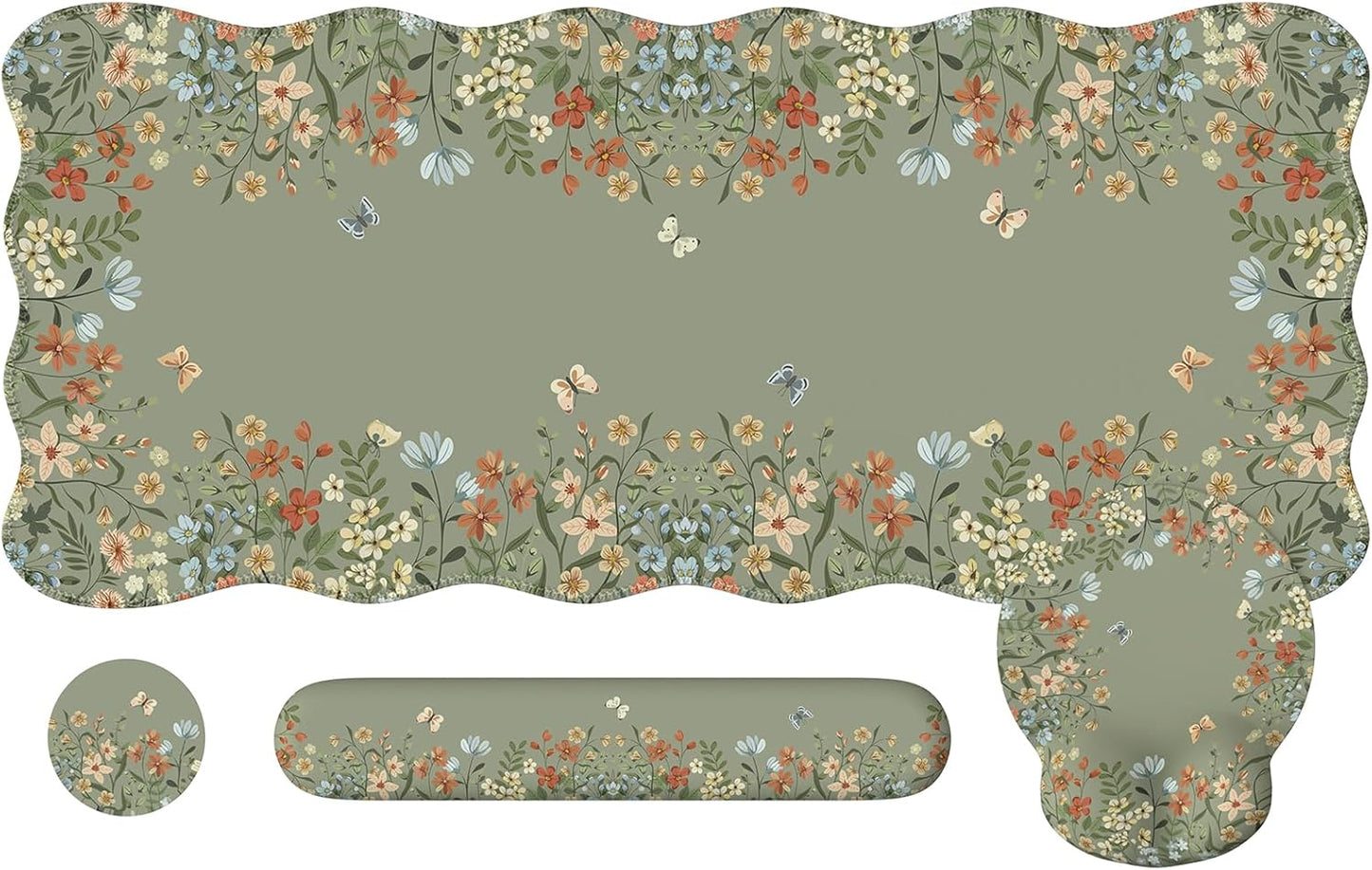 iCasso Desk Mat Set,Large Mouse Pad with Wrist Rest,Ergonomic Keyboard Wrist Support for Women,Girly Floral Computer Mat with Scalloped Edges,Non-Slip Desk Pad Home Office Gaming (Green)