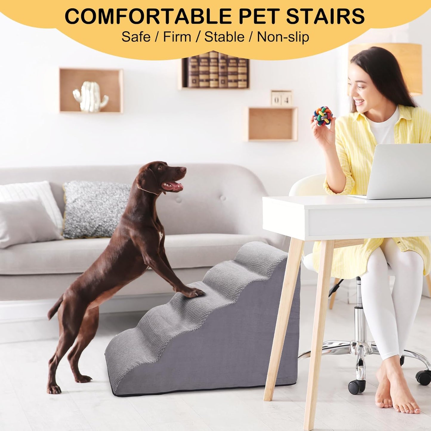 Dog Stairs for Bed and Couch, Non-Slip 5-Step Pet Stairs, 24" High Sofa Foam Dog Ramp - Best for Small Pets, Dogs and Cats with Joint Pain