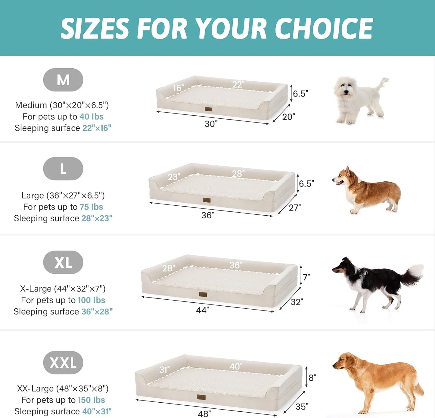 Orthopedic Dog Beds for Large Sized Dog, XL Bolster Pet Couch with Waterproof Lining, Egg Crate Foam Sofa for Pets Up to 100 lbs, U-Shaped, 44x32x7 inch, Beige