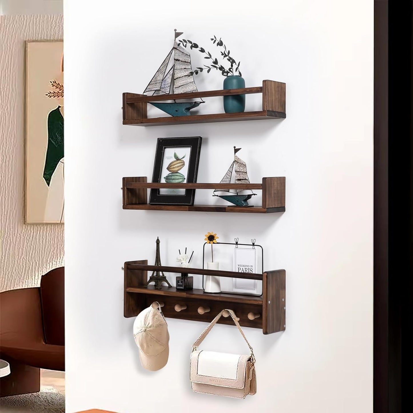 AZSKY 16 Inch Nursery Book Shelves Wall Floating Bookshelf with Hook Deep Walnut Hanging Book Shelf Toddler Room for Kids Room Bedroom Bathroom Living Room Kitchen Set of 3
