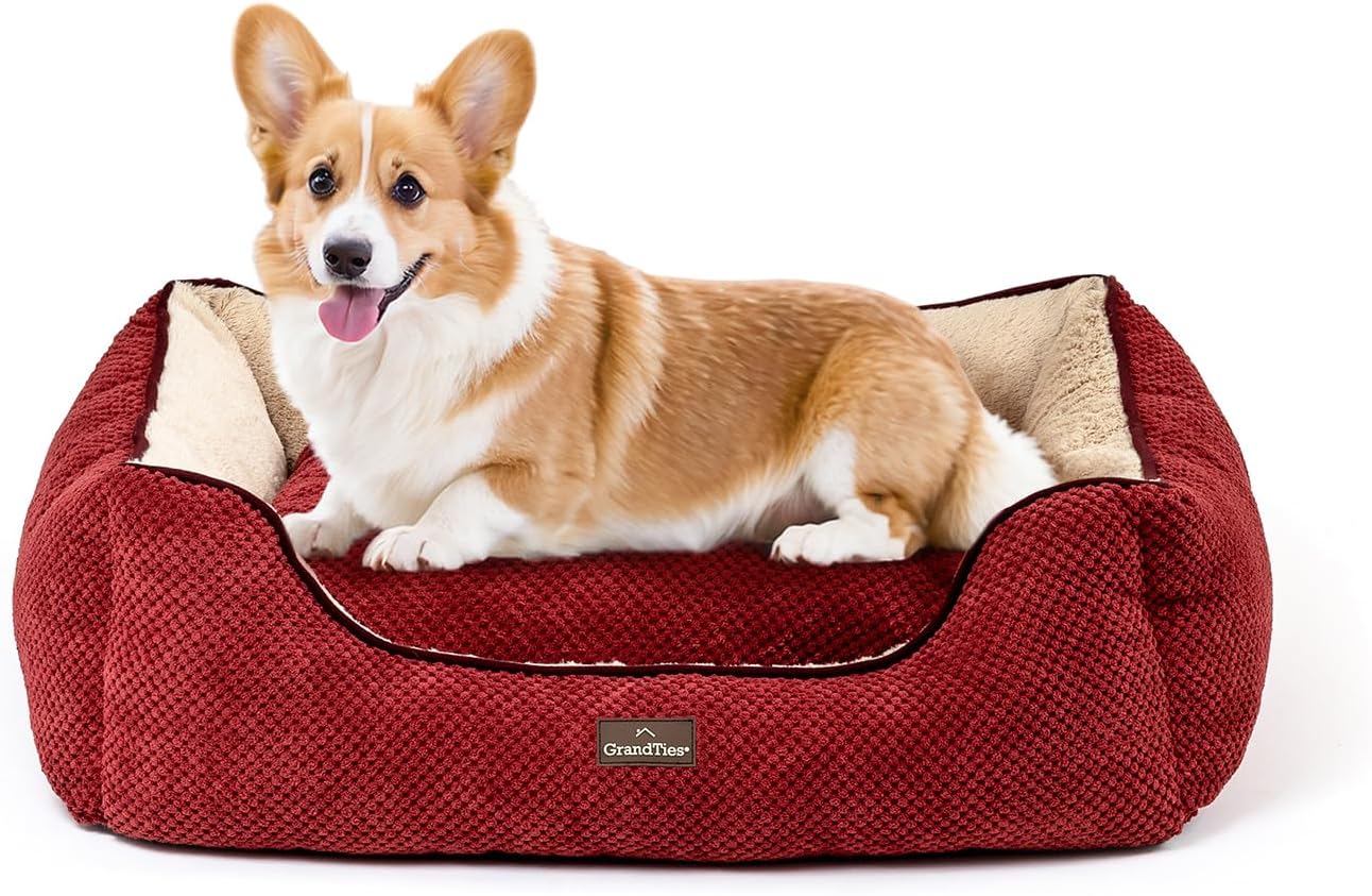 GRANDTIES Fluffy Dog Beds for Small Medium Large Dogs & Cats, Machine Washable Dog Bed, Rectangle Breathable Soft Calming Sleeping Warming Pet Beds with Waterproof & Non-Slip Bottom (M 34", Cherry)