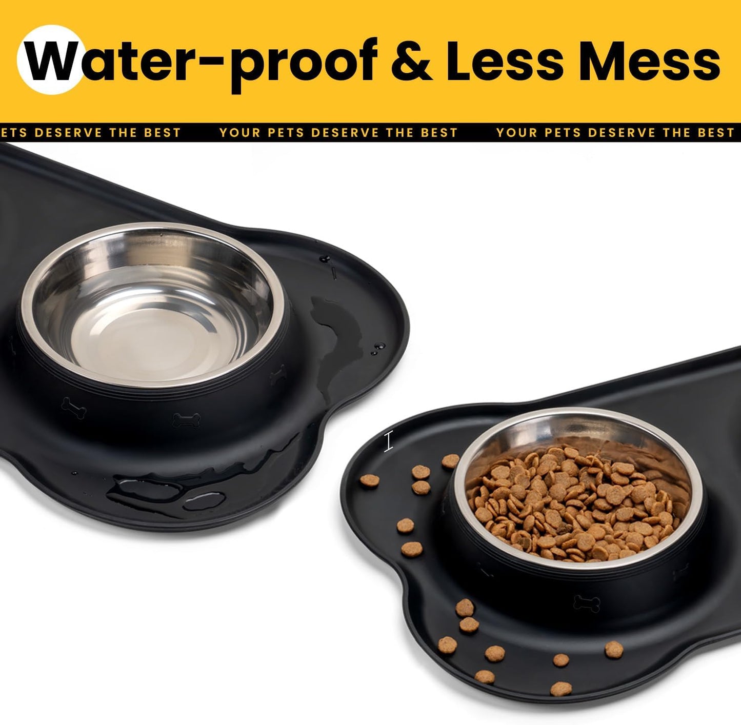 Dog Bowls with Non-Slip Silicone Mat, Spill Proof Large Food & Water Bowls Set, Easy Clean Dog Food Dish, Dishwasher Safe, Suitable for Dogs Cats Pet Under 90lbs, Large, Black