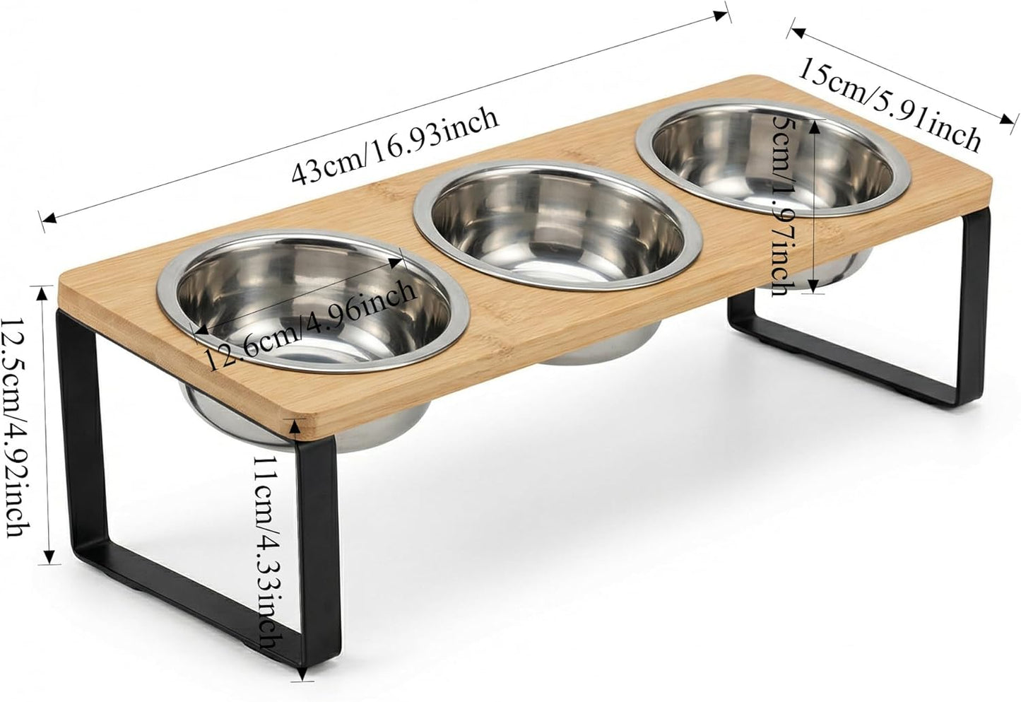 Tilted Raised Cat Bowls with Wooden Stand, Stainless Steel Food & Water Bowl Set for Cats and Kittens, Whisker Friendly, Anti-Spill, Dishwasher Safe, Double & Triple Bowl Options (Triple Bowl)