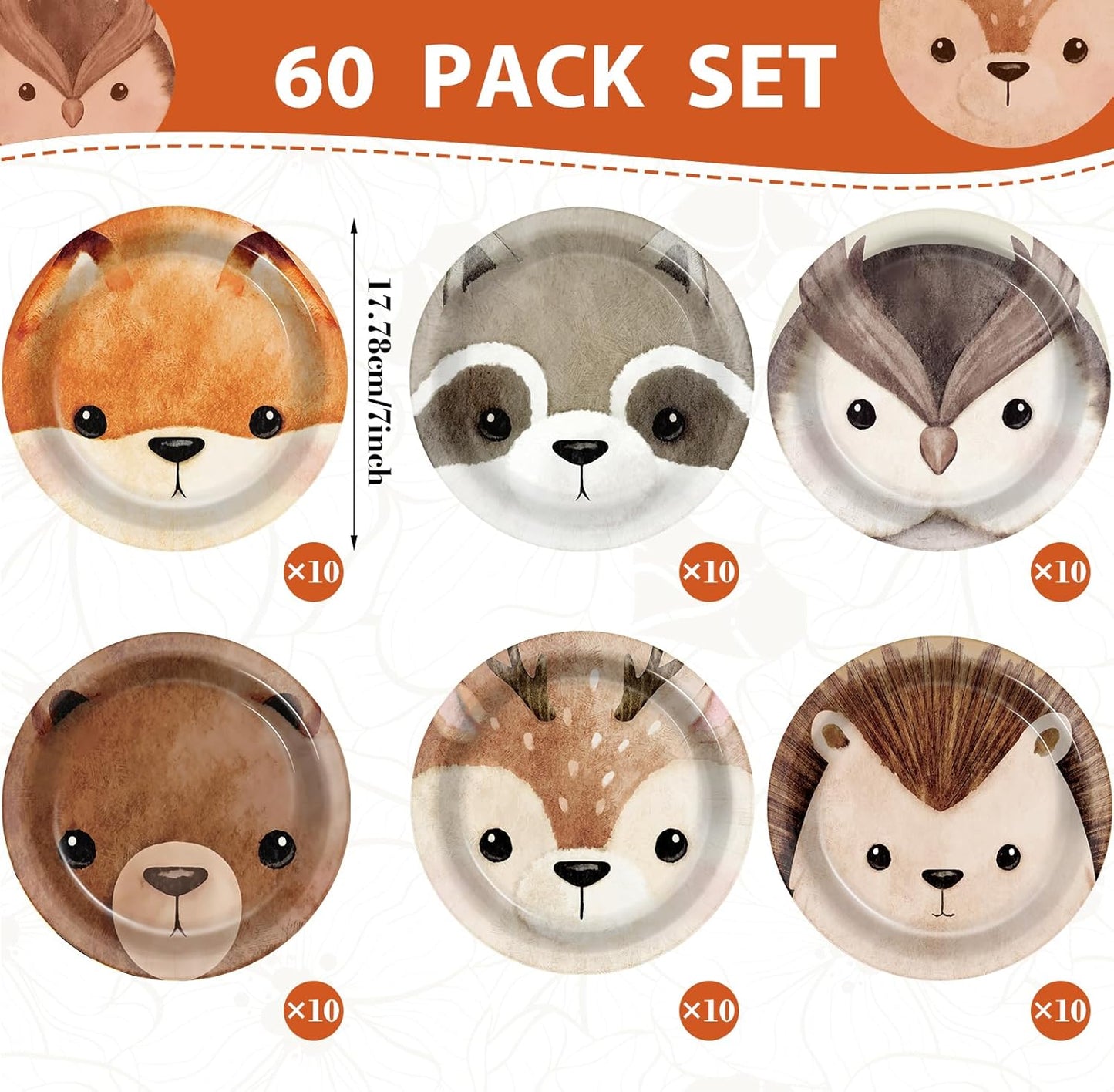 60Pcs Woodland Party Paper Plates for Animal Party Decorations 7In Woodland Creatures Dessert Plates Disposable Tableware Dinnerware Set for Baby Shower Birthday Forest Animal Themed Party Supplies