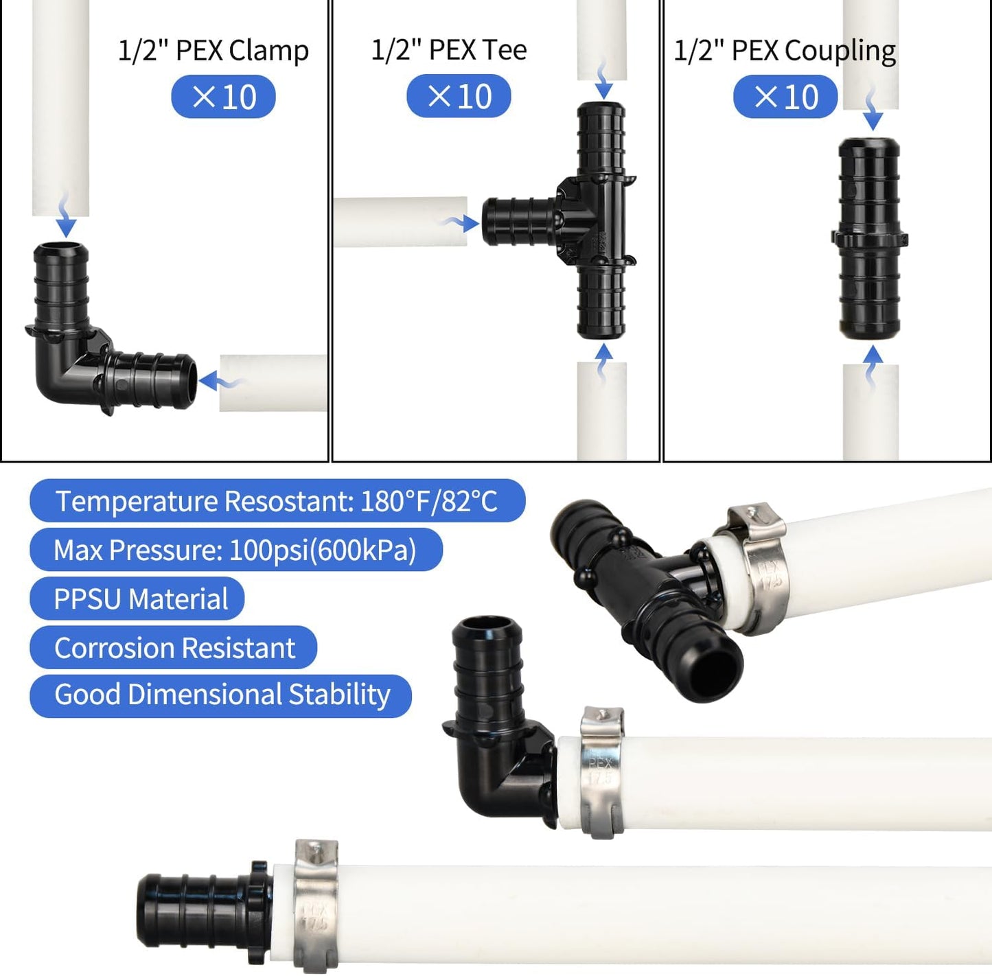 PEX Cinch Clamp Tool Kit, 3/8" to 1" PEX Pipe Clamp Cinch Tool with 30 pcs 1/2" PPSU PEX Fittings Combo, 1pcs Pipe Cutter, 70 pcs 1/2" PEX Cinch Clamps, 10pcs 3/4" PEX Cinch Clamps