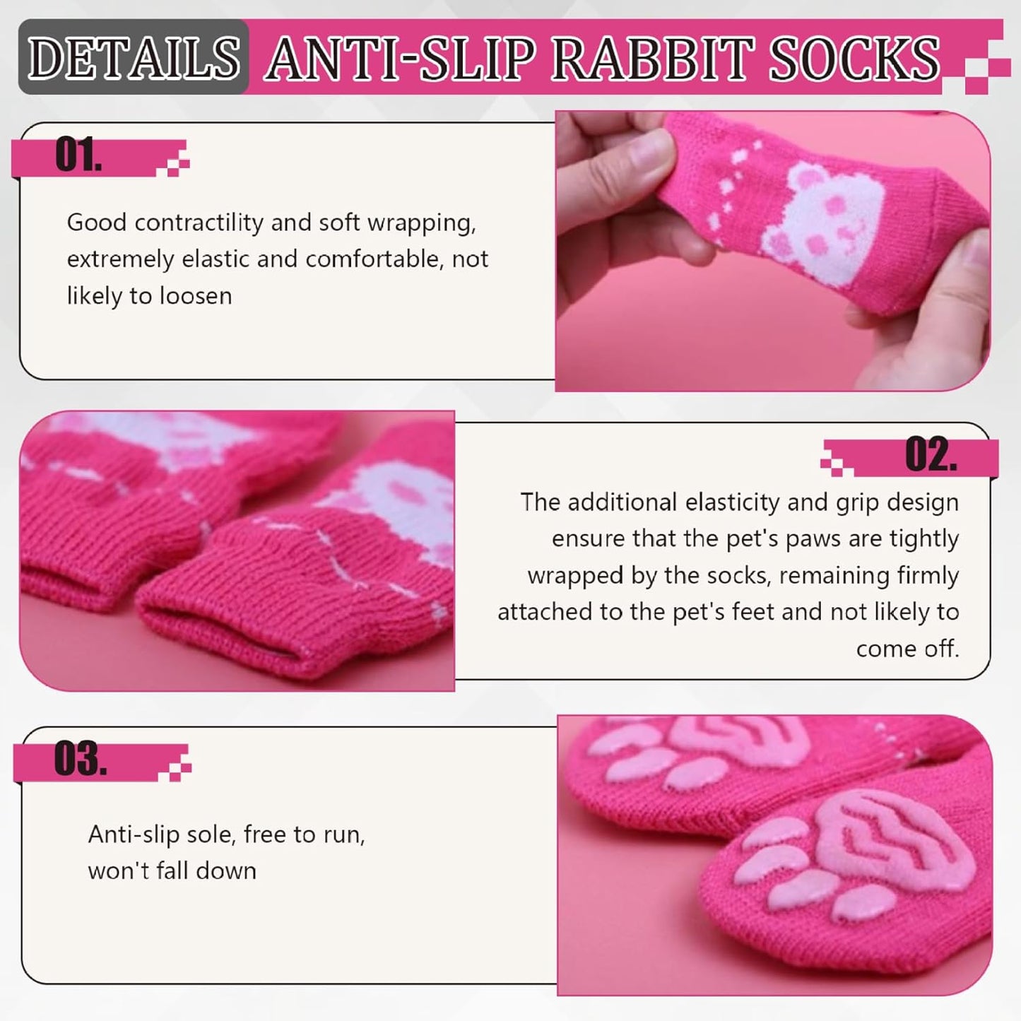 8Pcs Pet Socks Non Slip Soft Warm Cute Secure Bunny Socks with Grip Rabbit Stuff for Indoor Hardwood Floor, Medium