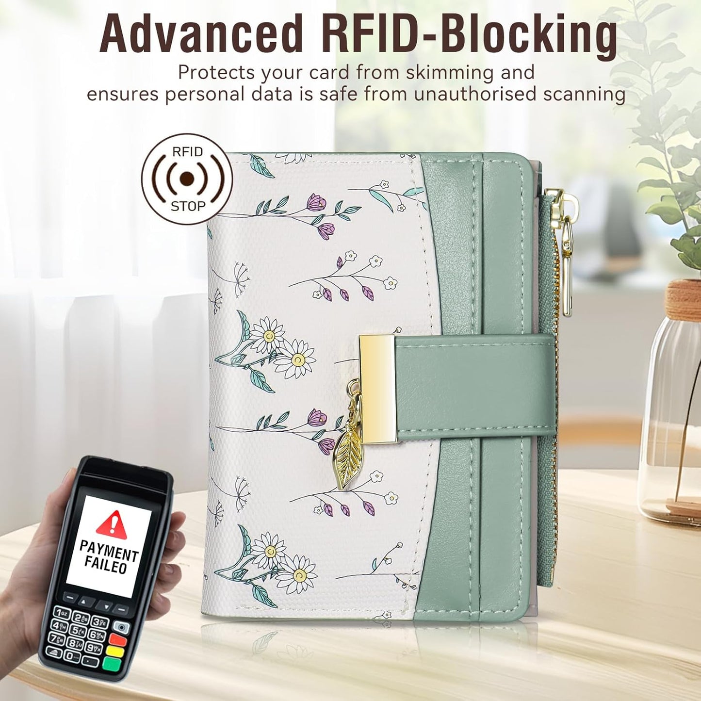 Avando Wallets for Women- RFID Blocking- Soft PU Leather Bifold Coin Zipper Pocket Purse-Small flower wallet Credit Card Holder with ID Window (Green)