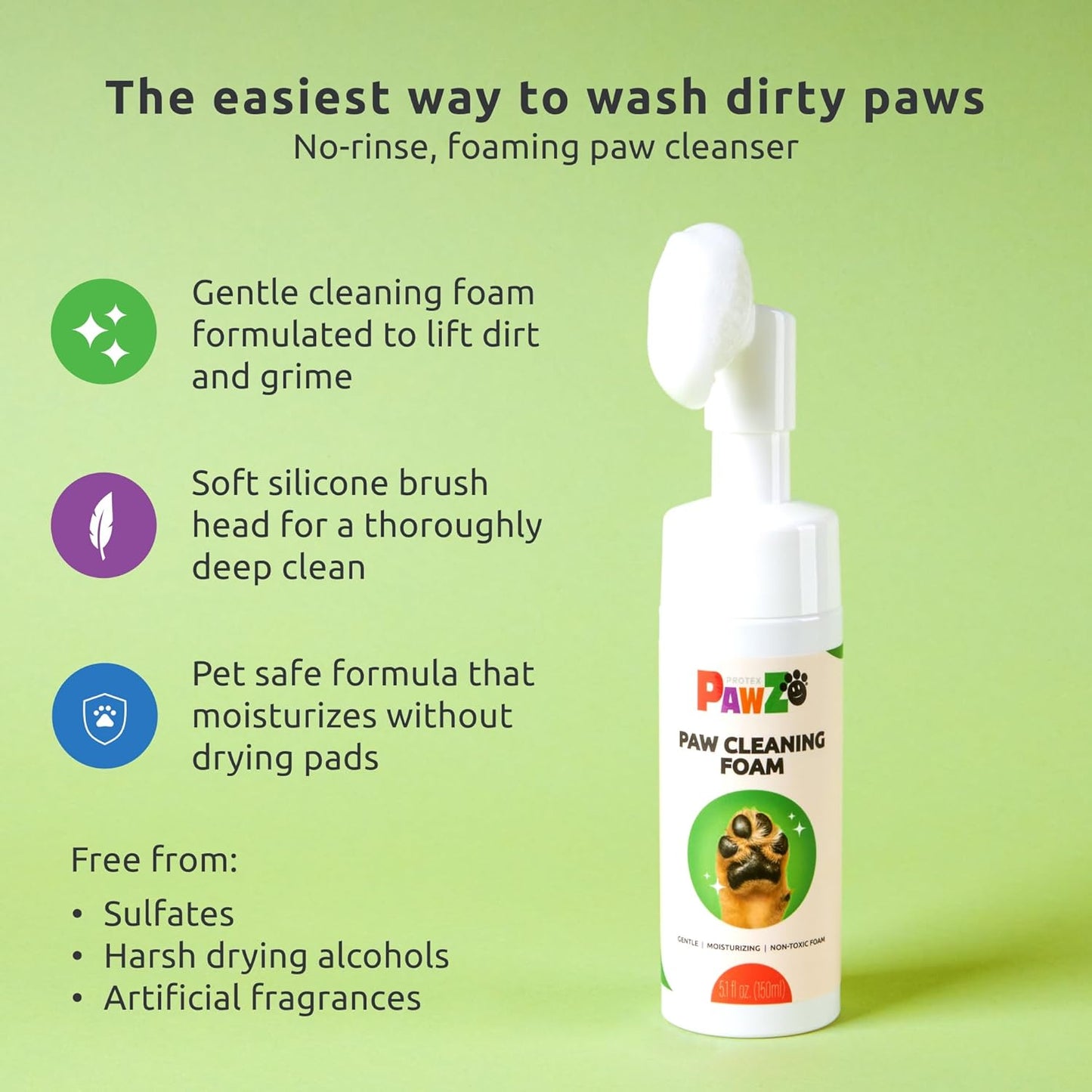 Protex PawZ No-Rinse Foaming Paw Cleanser for Dogs - Moisturizing, Fragrance-Free with Silicone Brush