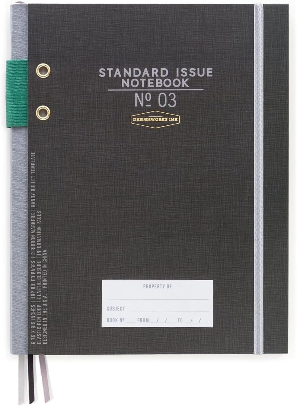 DesignWorks Ink Standard Issue Planner Notebook No. 3 Journal with Lined Pages, Elastic Closure, Pen Holder, and 3 Ribbon Markers for Work, Writing, Journaling - 6.75" x 8.5"