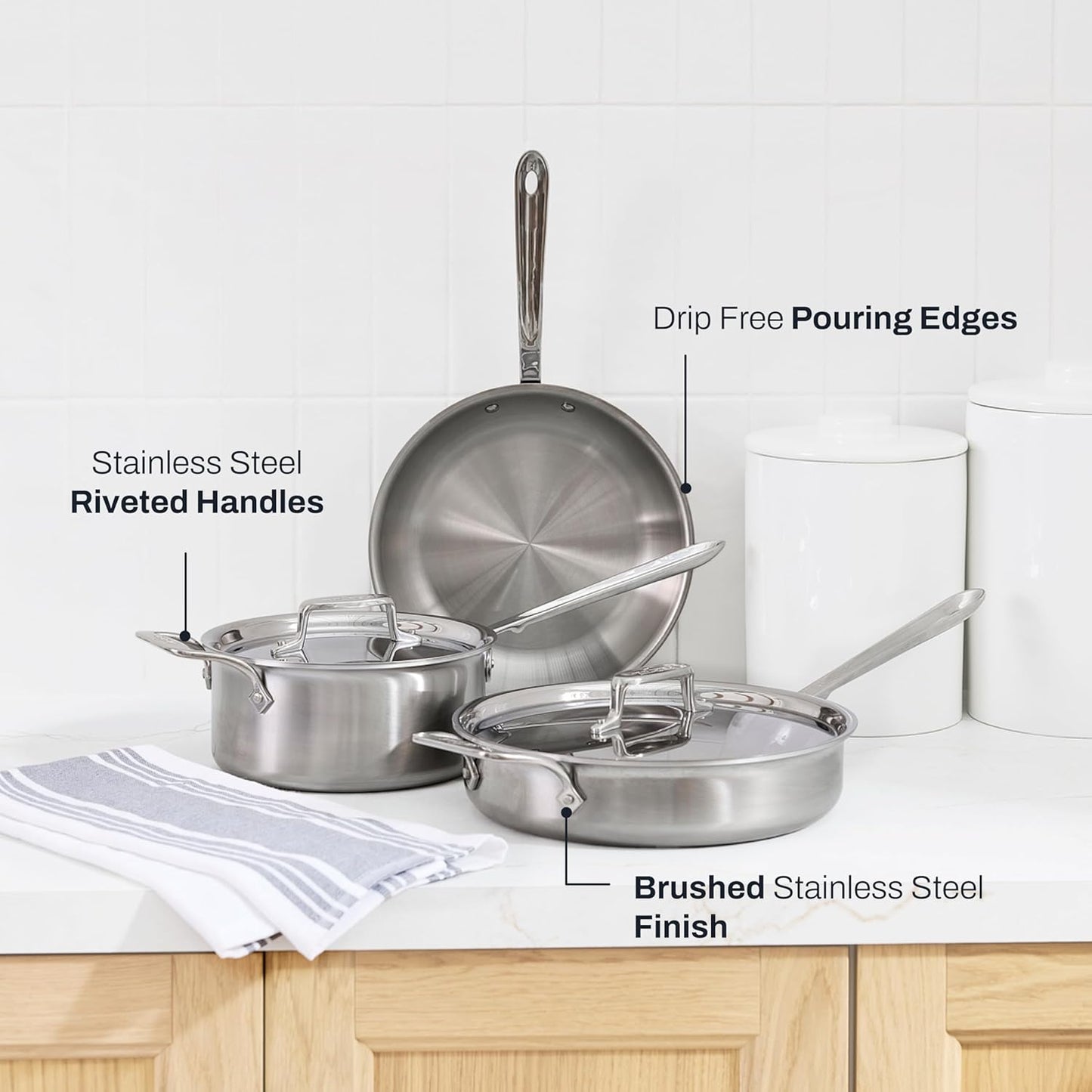 All-Clad D5® Stainless Steel Core 5 Piece Cookware Set- Made in USA- The Upgrade for Supremely Even Heat- Includes Frying Pans, Saucepan, Sautépan -Oven Safe & Induction Compatible