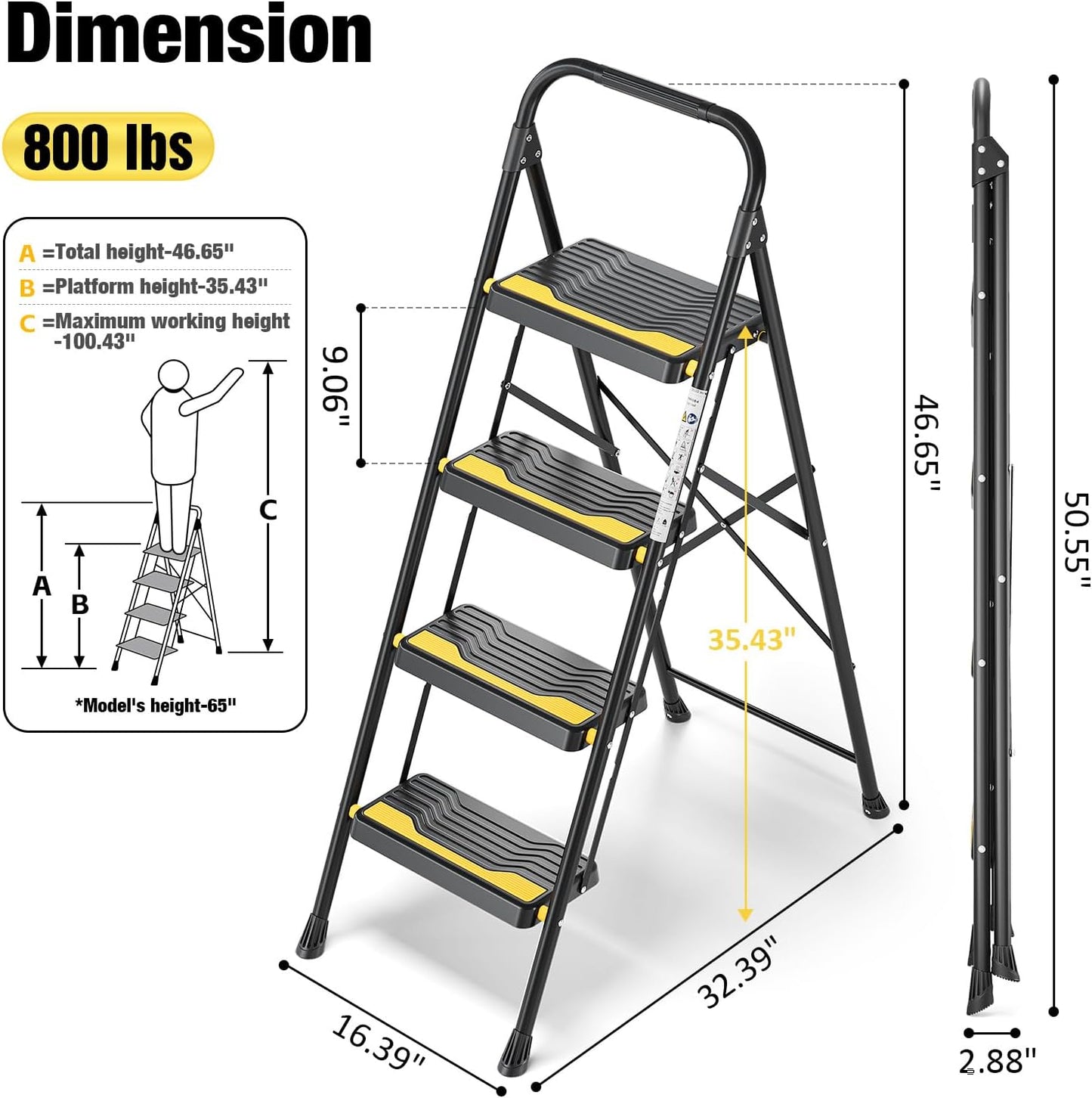 4 Step Ladder, Heavy-Duty Pass 800lb Capacity Test, Wide Anti-Slip Steps & Secure Handrail Compact, Folding Step Stool Portable Design for Home, Kitchen, Office, Pantry, Closet Use, Black