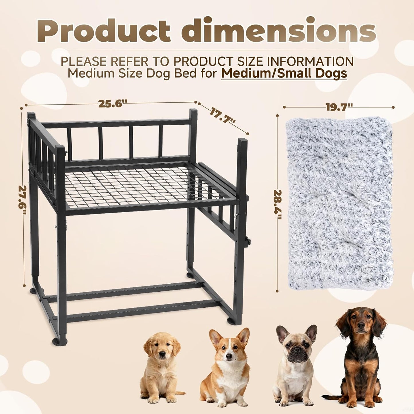 Beside Dog Bed and Mattress Set - Metal Three-Sided Fence Pet Dogs Bed Frame, Adjustable Height Dogs Bed Extension Attachment for Human Bed, for Small/Medium Puppy(25.5''L x 17.7''W)