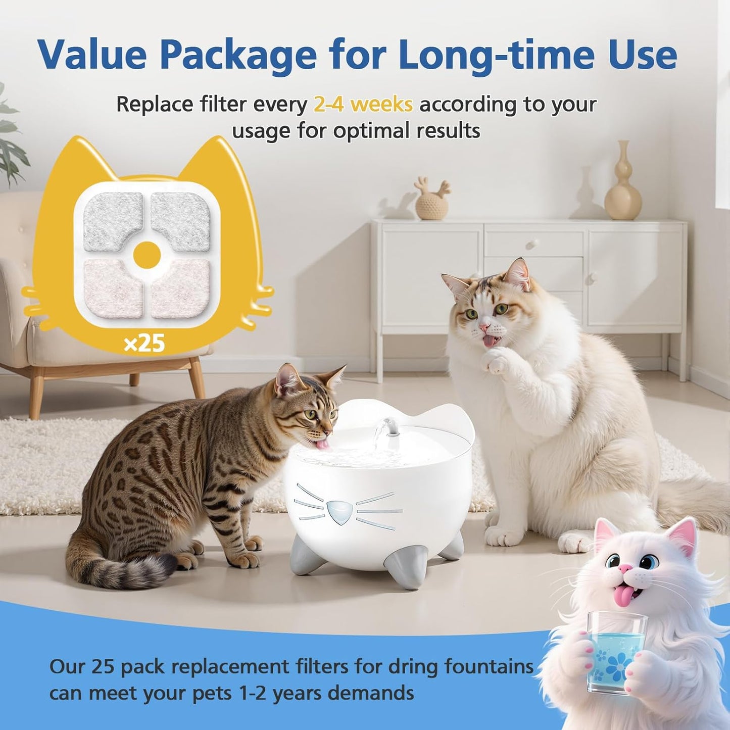 25 Pack Cat Fountain Filter Compatible With Catit PIXI Drinking Fountain, Replacement Triple Action Water Filter with Ion-exchange Resin & Activated Carbon, White