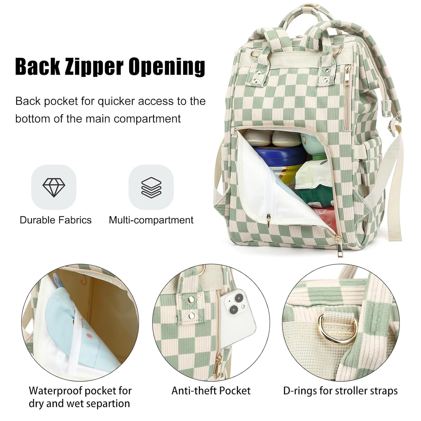 Baby Diaper Bag Backpack for Mom, Large Capacity Travel Nappy Bag for Boys & Girls with Stroller Straps (Corduroy Checkered Green)