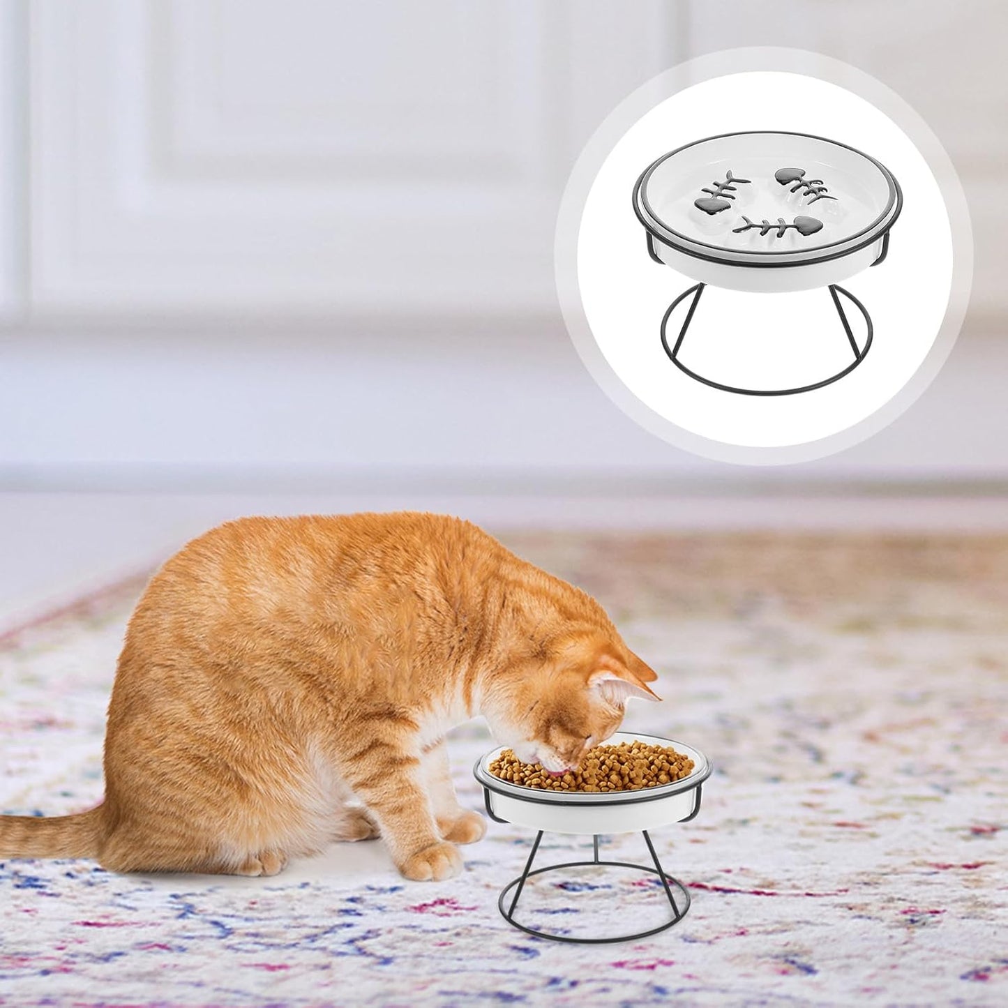 Milisten Ceramic Slow Feed Cat Bowl Elevated with Stand, Raised Pet Feeding Dish for Small Dogs and Kittens, Black Non-tip Slow Eating Bowl for Whisker Relief and Spine Protection