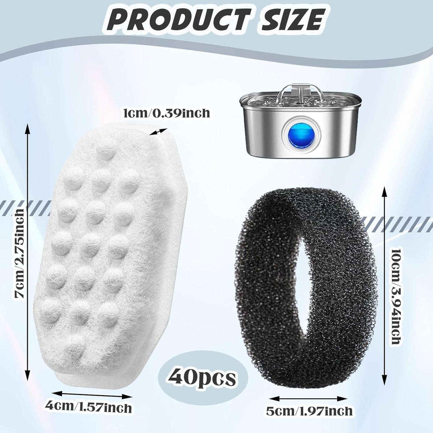 Lewtemi 40 Pack Cat Water Fountain Filter Pre-filter Sponges Set for Stainless Steel 3.2l/108oz 20 Pet Fountain Replacement Filters 20 Pre-filter Sponges for Cat Dog Water Fountains Filter Replacement