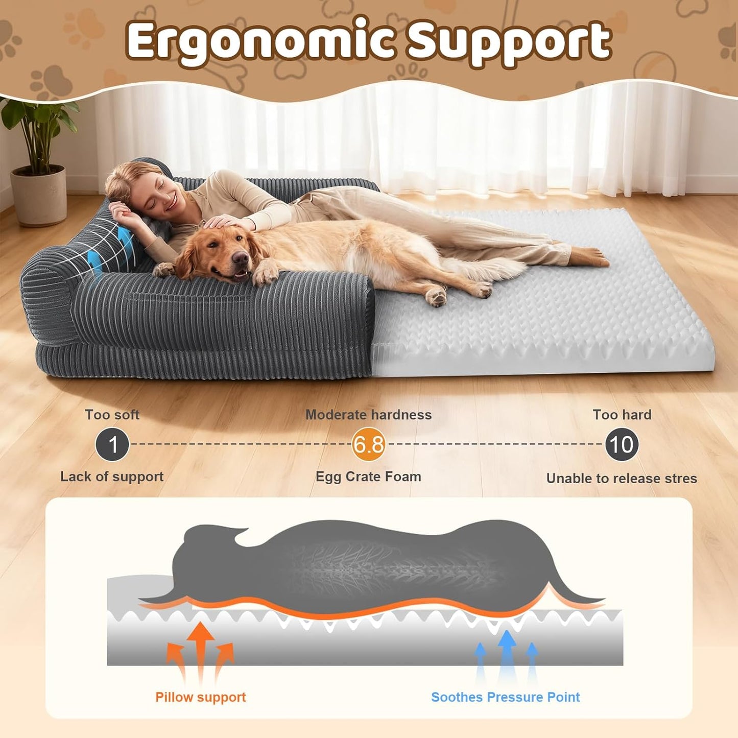 Foldable Human Dog Bed for Adult, 72"x43"x14" Giant Floor Bed for People & Pets with Orthopedic Memory Foam Sofa Bed Portable, Waterproof Machine Washable Cover, Dark Grey