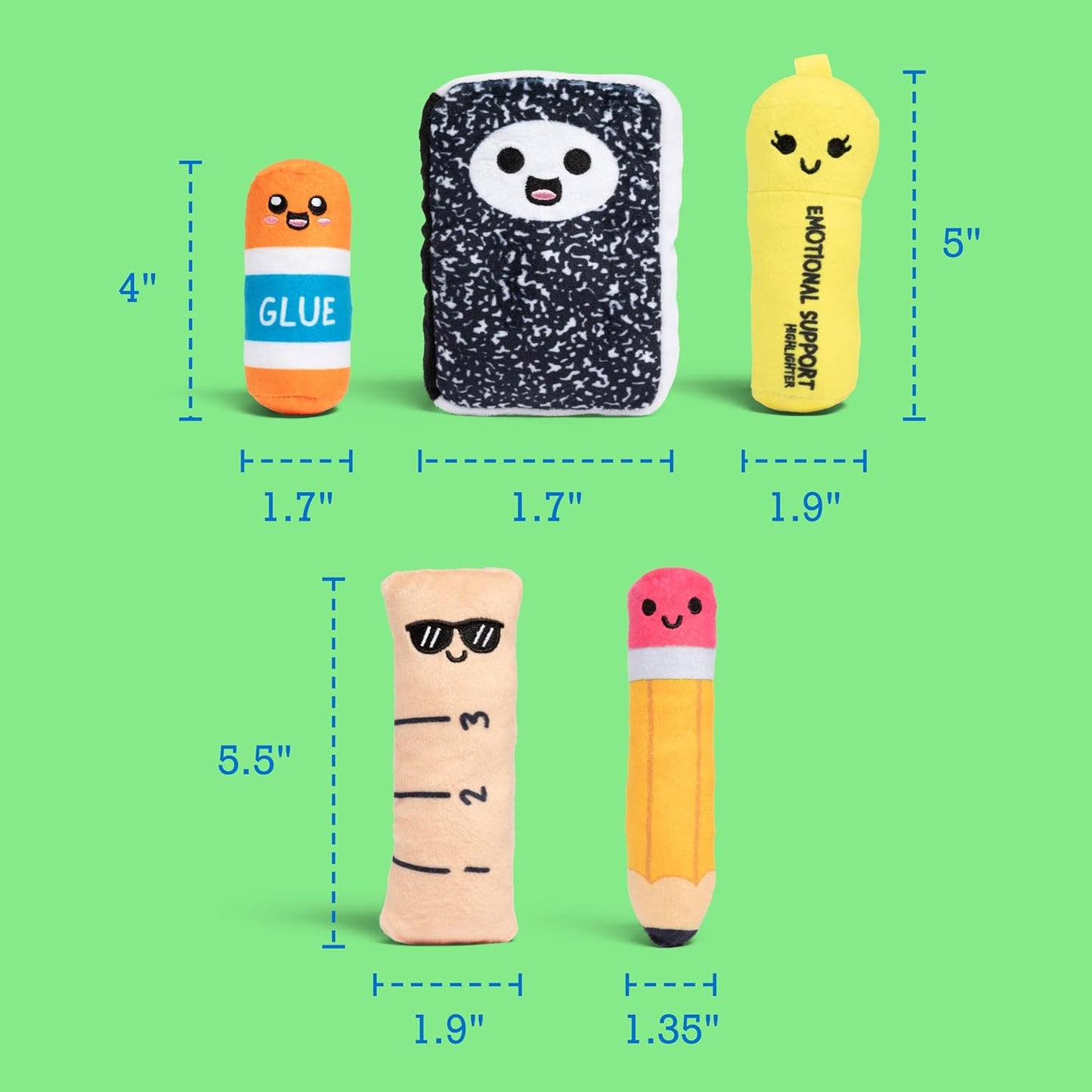 Emotional Support School Supplies Plush by Relatable - Cute Stuffed Animals and Squishy Toys, Fun Gift Ideas for All Ages, and Your Favorite Teacher - Includes 5 Plushies with Carrying Basket