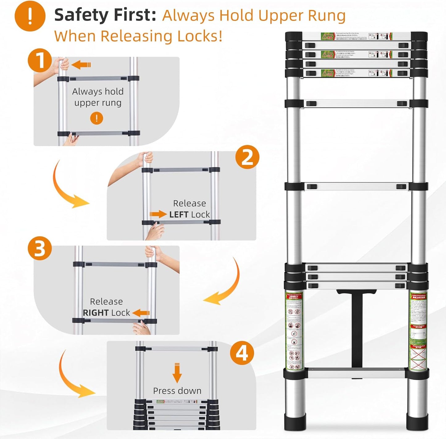 Telescoping Ladder for RV & Attic, 12.5FT Aluminum Extension Ladder with Dual Locking Mechanism, Max Load 330lbs, Compact Foldable Ladder for Roof, Home, Travel Trailer & Multi-Surface Use