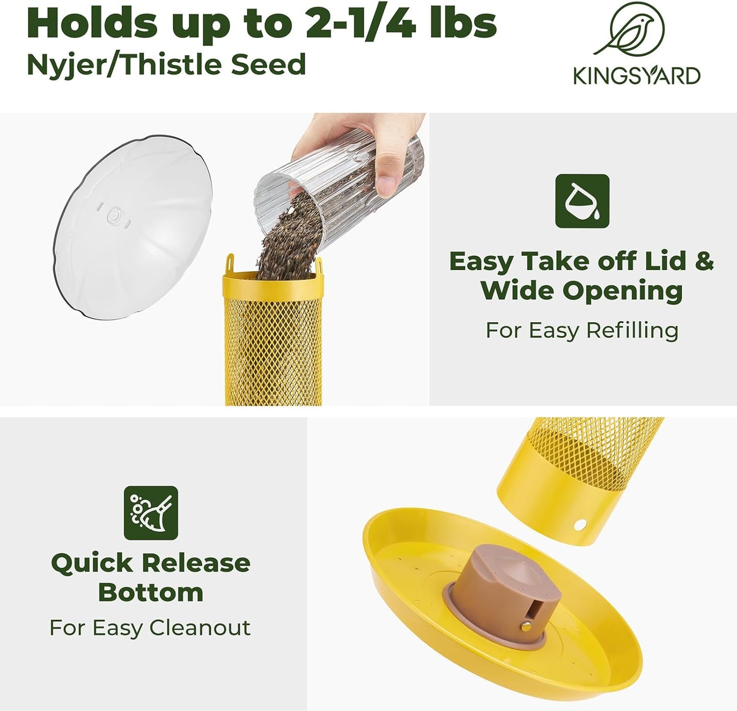 Kingsyard Finch Bird Feeder for Outdoors Hanging, Metal Mesh Tube Bird Feeders for Thistle & Nyjer Seed, Large Removable Tray & Rainproof Dome, 2.5 lbs Seed Capacity, Yellow