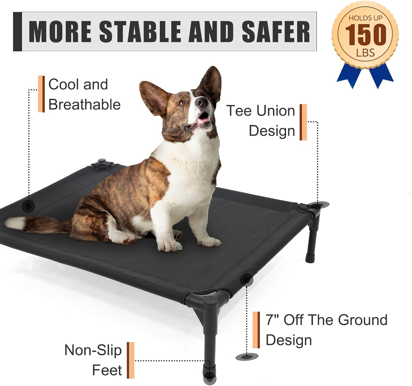 Elevated Dog Bed for Medium Dogs, Raised Dog Cot, Heavy Duty Pet Cots with Durable Supportive Teslin Recyclable Washable Mesh, Indoor & Outdoor, Dark Grey, 32" L x 25" W x 7" Th