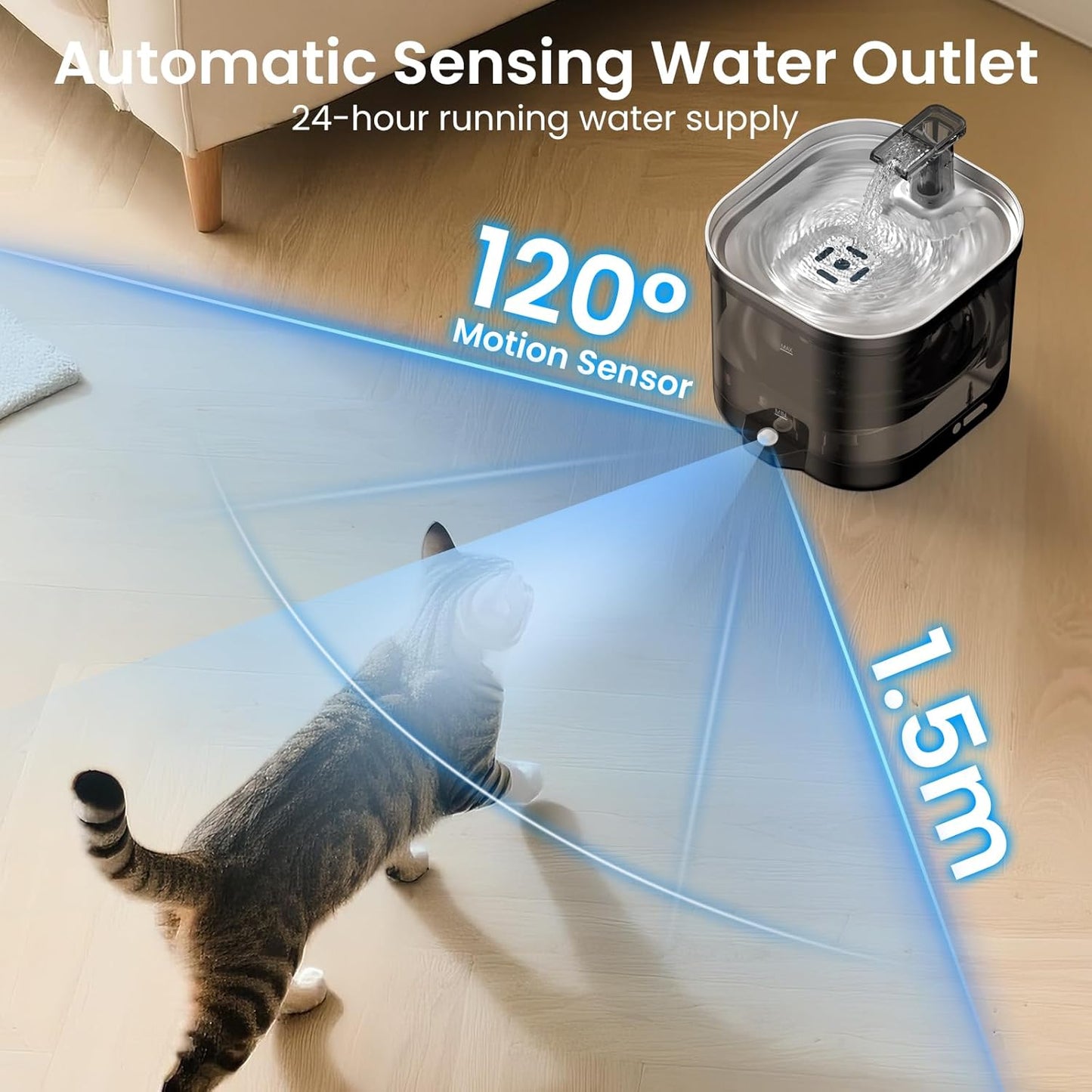 Wireless Cat Water Fountain Cordless with External Pump, 5000MAh Battery Operated, 68oz Rechargeable Automatic Pet Cat Fountains for Drinking with Motion Sensor, Quiet Pump(1 Filter)