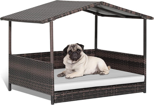 Tangkula Wicker Dog House, Indoor Outdoor Raised Rattan Dog Bed w/Removable Cushion, Washable Cover, Weatherproof Roof, Rattan Puppy Shelter w/Elevated Floor for Small Medium Dogs (White)