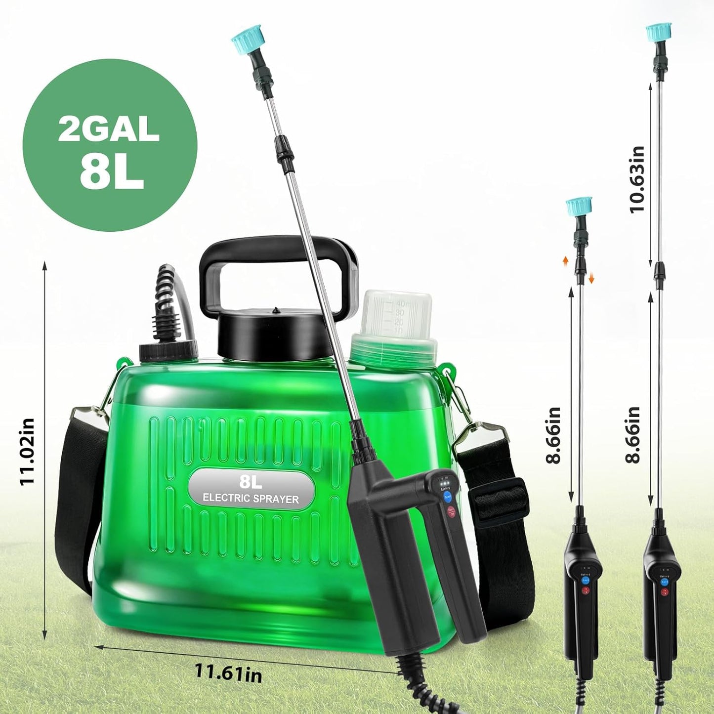 2 Gallon Battery Powered Sprayer, Electric Garden Sprayer with 3 Adjustable Pressures & Telescopic Wand, Rechargeable Weed Sprayer for Lawn, Yard & Pest Control, 4 Nozzles Included