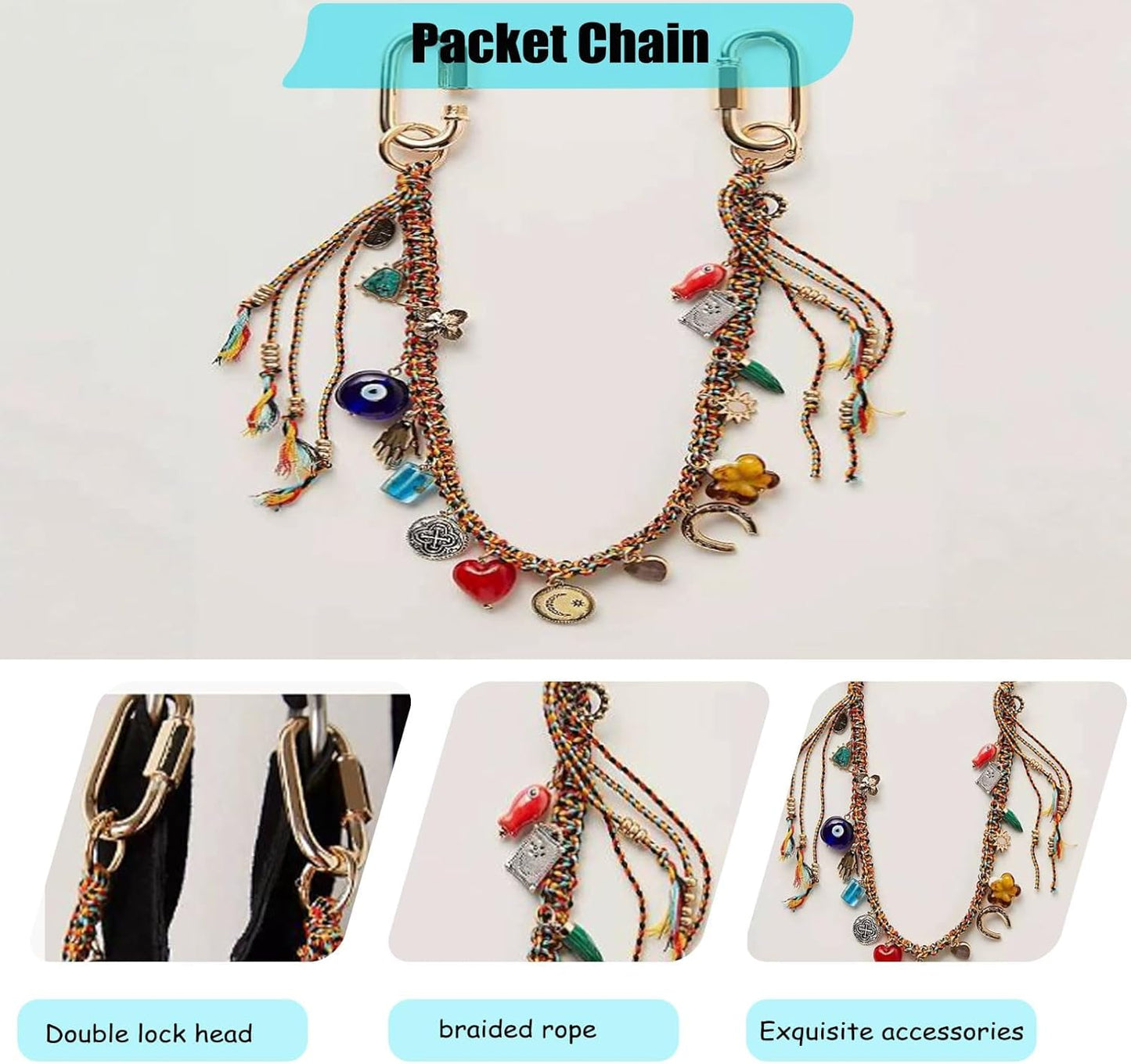 Chain Beaded Rope Braided Keychain for Handbag Purse Backpack Accessories for Bag Purse Accessories for Women