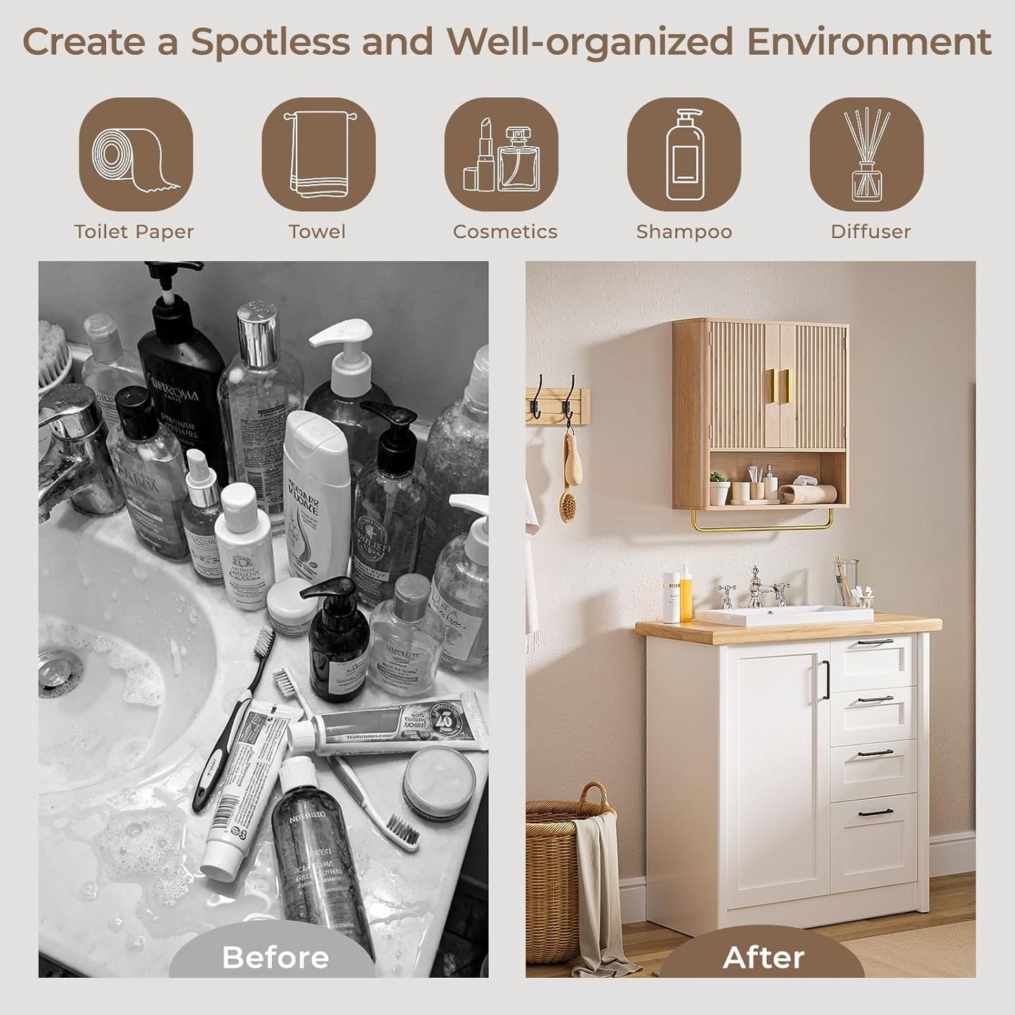 Bathroom Cabinet Wall Mount with Fluted Door Panel & Adjustable Shelf, Medicine Cabinet with Open Partition and Towel Bar, Wall Storage Cabinet for Laundry Room & Kitchen (Natural Oak)