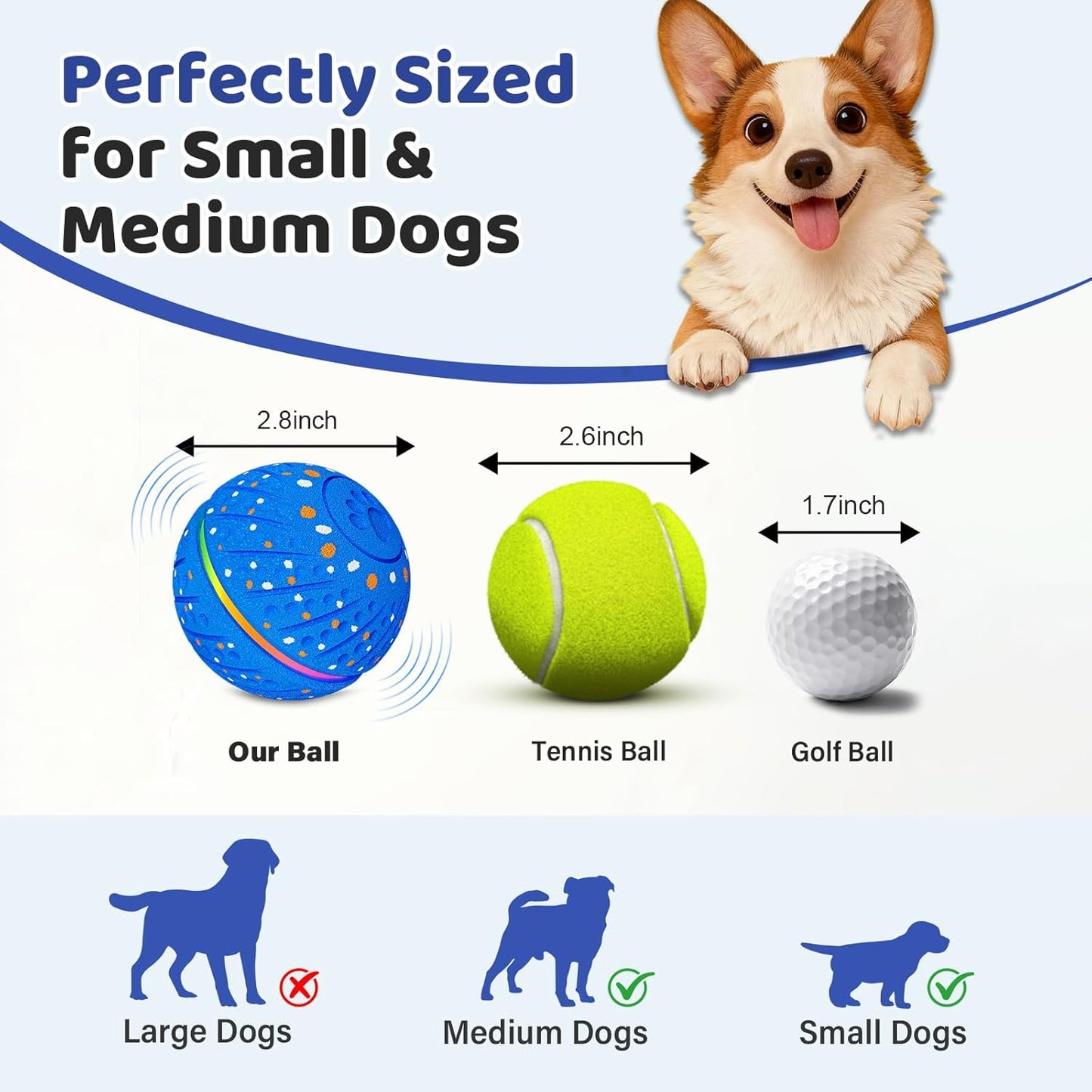 Interactive Dog Toys Dog Ball - Smart Moving Bouncing Dogs Ball with RGB Lights, E-TPU Material, 3 Play Modes Automatic Rolling Balls Toy for Small Medium Dogs Keep Them Busy(Blue)