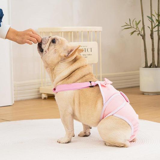 Avont 3 Pack Frenchie Dog Diapers Female, Washable Reusable Girl Doggie Pants for Period Heat Cycle, Full Body Cover Onesie with Adjustable Straps -Pink/Purple/Blue M