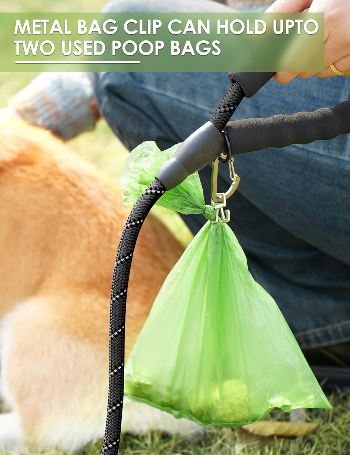 Gobeigo Dog Poop Bag Holder for Leash, Large Opening for Easy Pull Out, Doggy Poo Bag Dispenser with Used Waste Bag Carrier Suitable for Any Retractable Leash with 15 Unscented Bags (Black)
