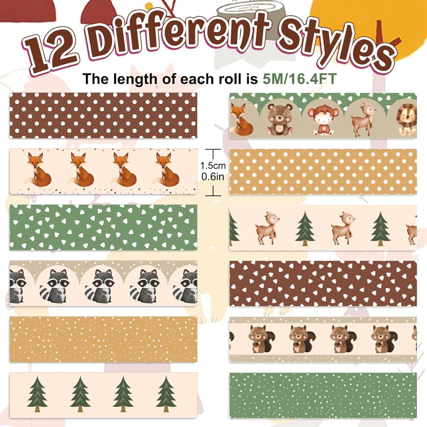 Whaline 12 Rolls Woodland Animal Washi Tape Forest Safari Creature Decorative Masking Tape Set Cute Wrapping Paper Tape for Scrapbook Journal DIY Art Crafts