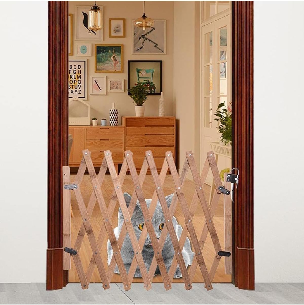 Wooden Pet Gate for Dogs 18.6 Inch Tall Retractable Dog Gate for The House Doorway Stairs Width 43 Inch