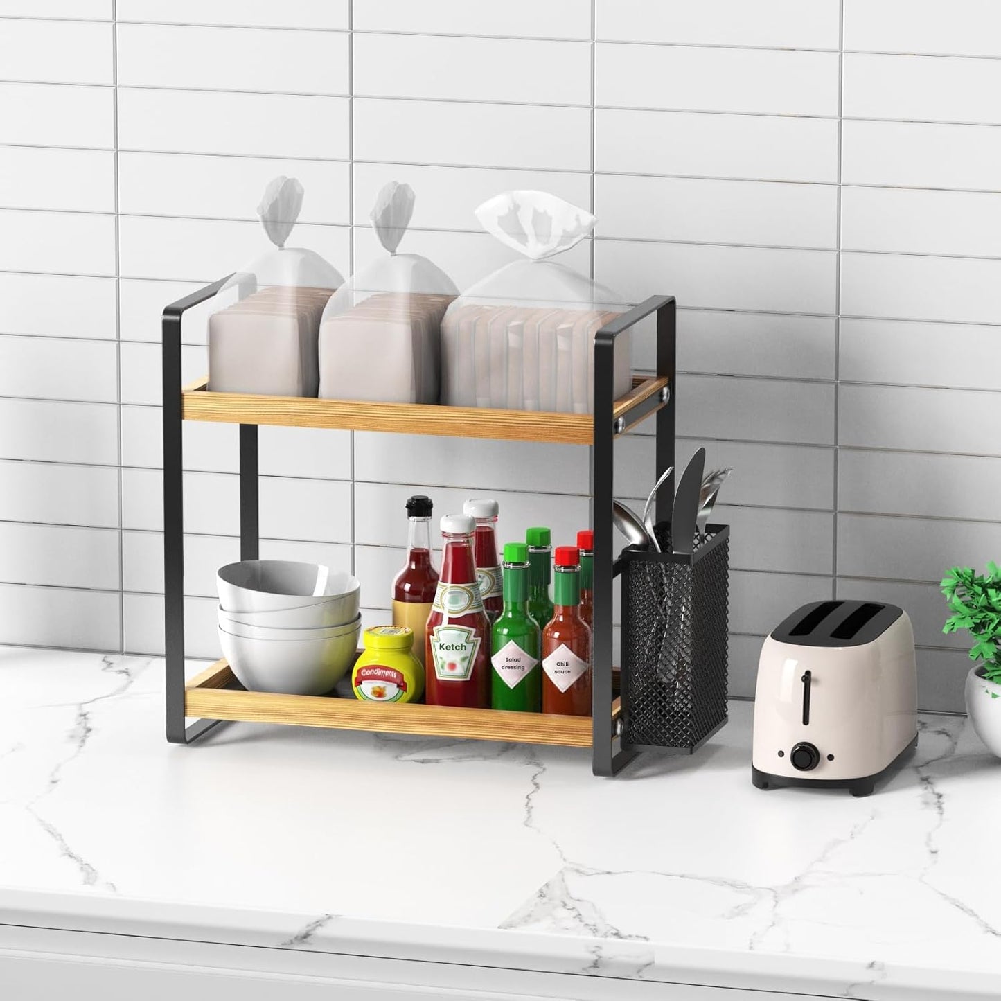 LEMIKKLE 2-Tier Wood Coffee Bar Organizer With Basket,Kitchen organizers and storage,Spice Rack Organizer for Countertop,Kitchen