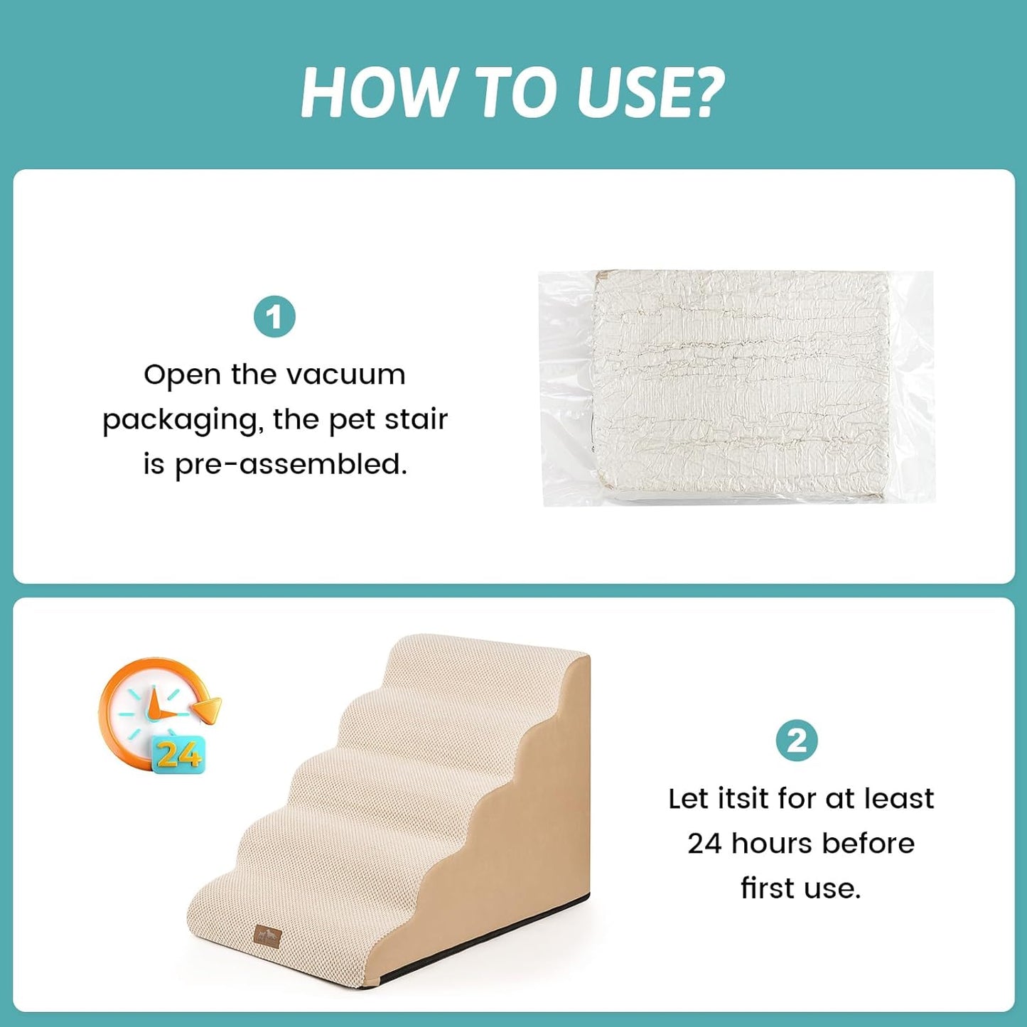 Wide Dog Stairs 19.7" Width, Pet Step for Small Medium/Large Dog, Puppy or Cat, Pet Ramp for High Bed or Car, High Density Foam Ladder, Stable, 5 Step, 19.7x33x22.4 in, Beige