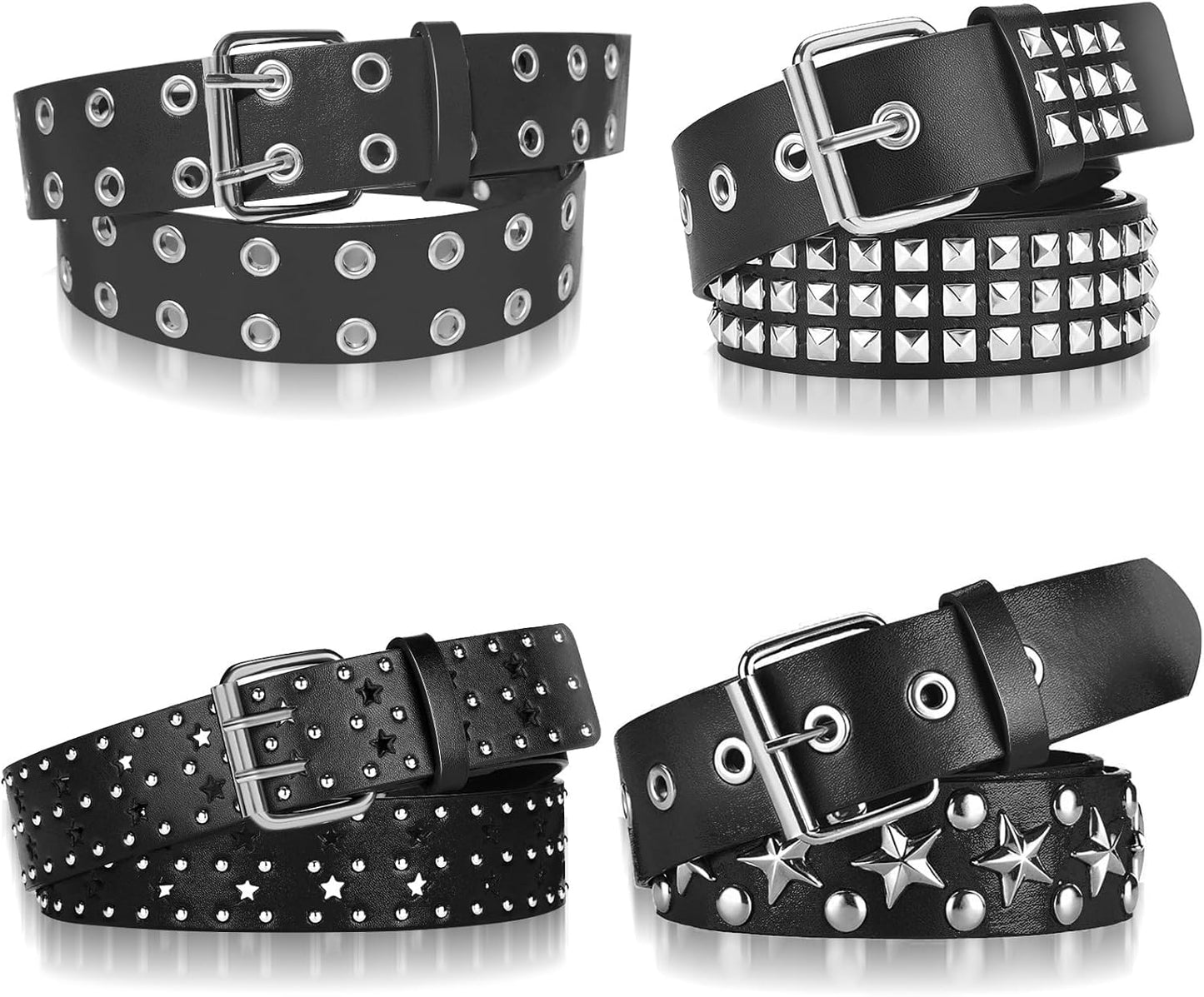 4 Piece Studded Rivet Double Grommet Belt Set - Faux Leather Gothic Goth Black - Punk Style Accessories for Men Women - Ideal Gift