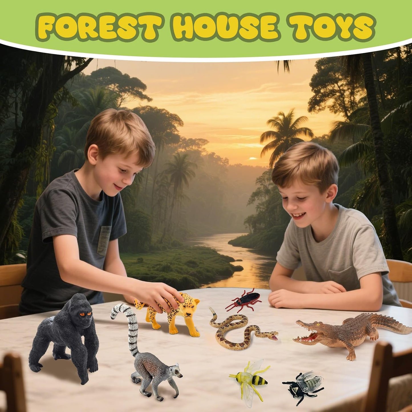 34 PCS Rainforest Diorama Kit Rainforest Animals Figurines Set Assorted Creatures Rainforest Diorama Supplies Animals Model Trees DIY Rainforest Decor