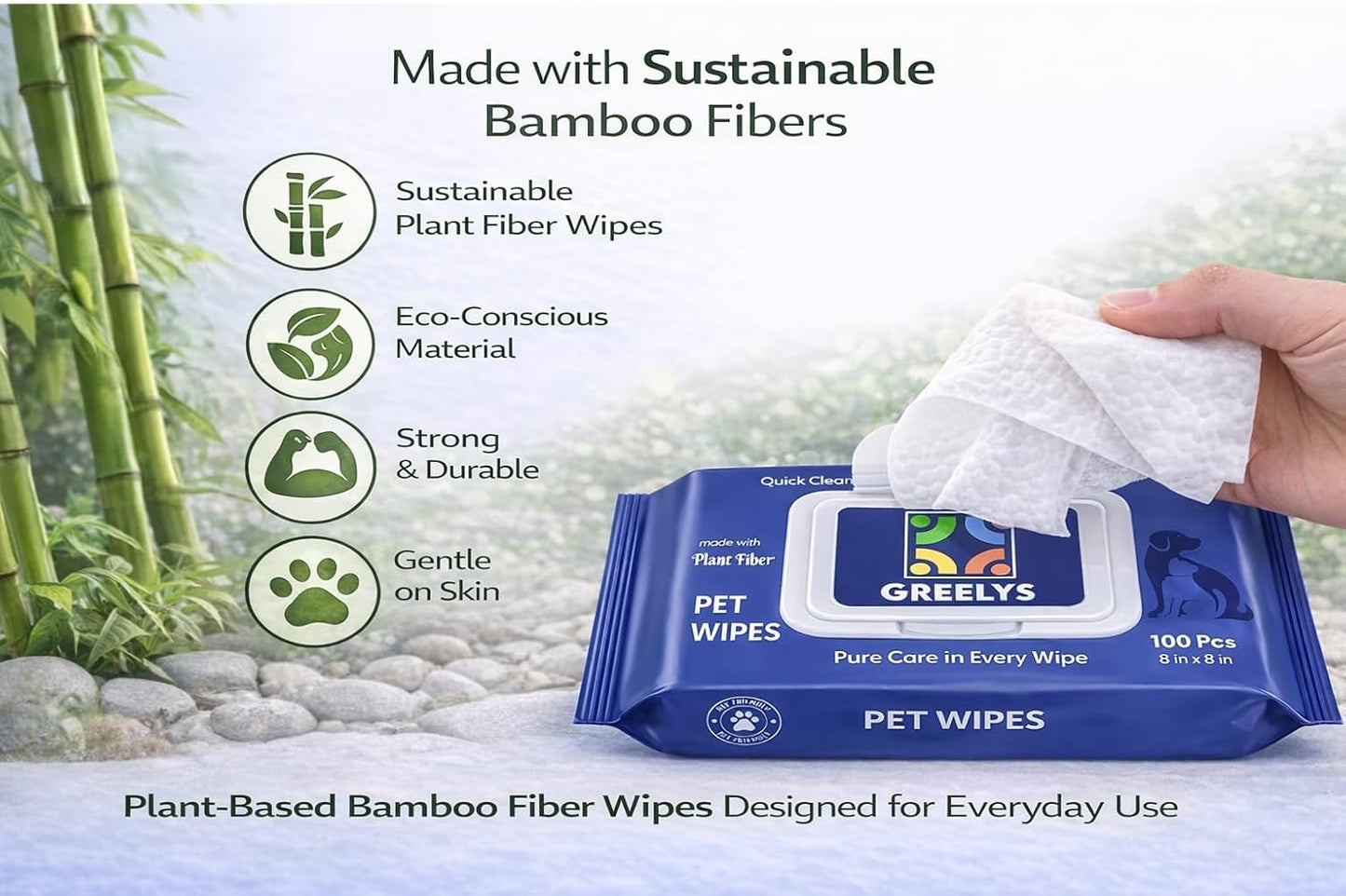 100 Count Dog Wipes, Plant-Based Bamboo Pet Wipes for Dogs & Cats, No Rinse Cleaning for Paws, Body & Butt, Deodorizing & Gentle